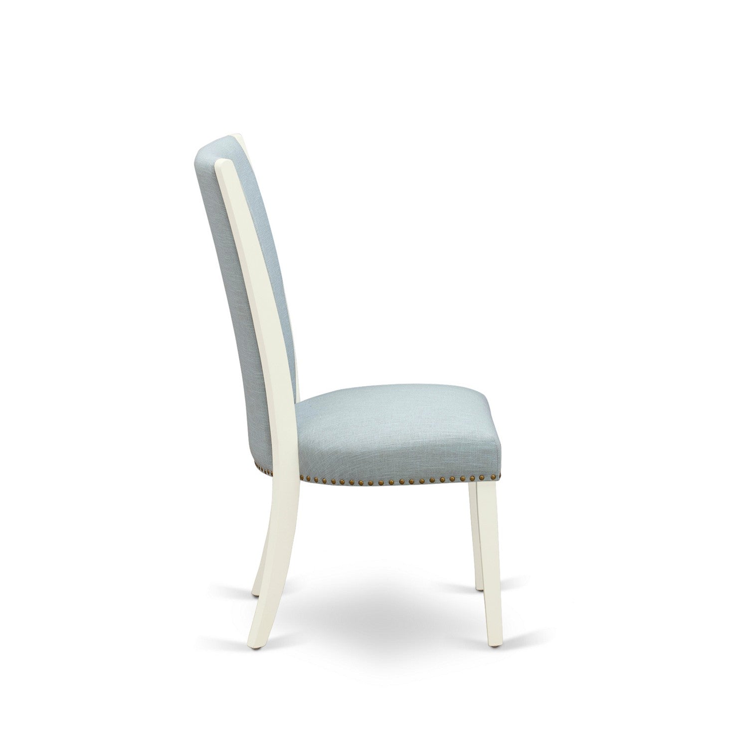 East West Furniture V076VE215-7 7 Piece Dining Room Set - 6 Baby Blue Linen Fabric Kitchen Chair with Nailheads and Distressed Jacobean Dining Table - linen white Finish