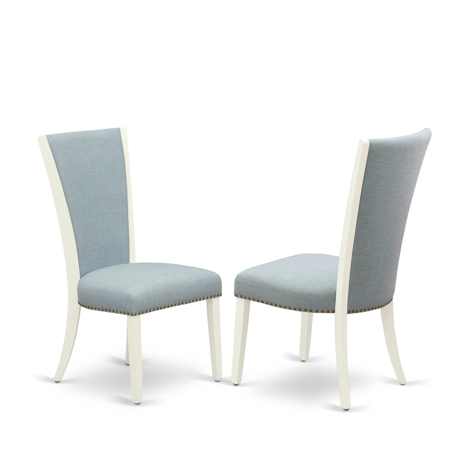 East West Furniture V077VE215-5 5 Piece Mid Century Dining Set - 4 Baby Blue Linen Fabric Parson Chairs with Nailheads and Distressed Jacobean Wooden Table - linen white Finish