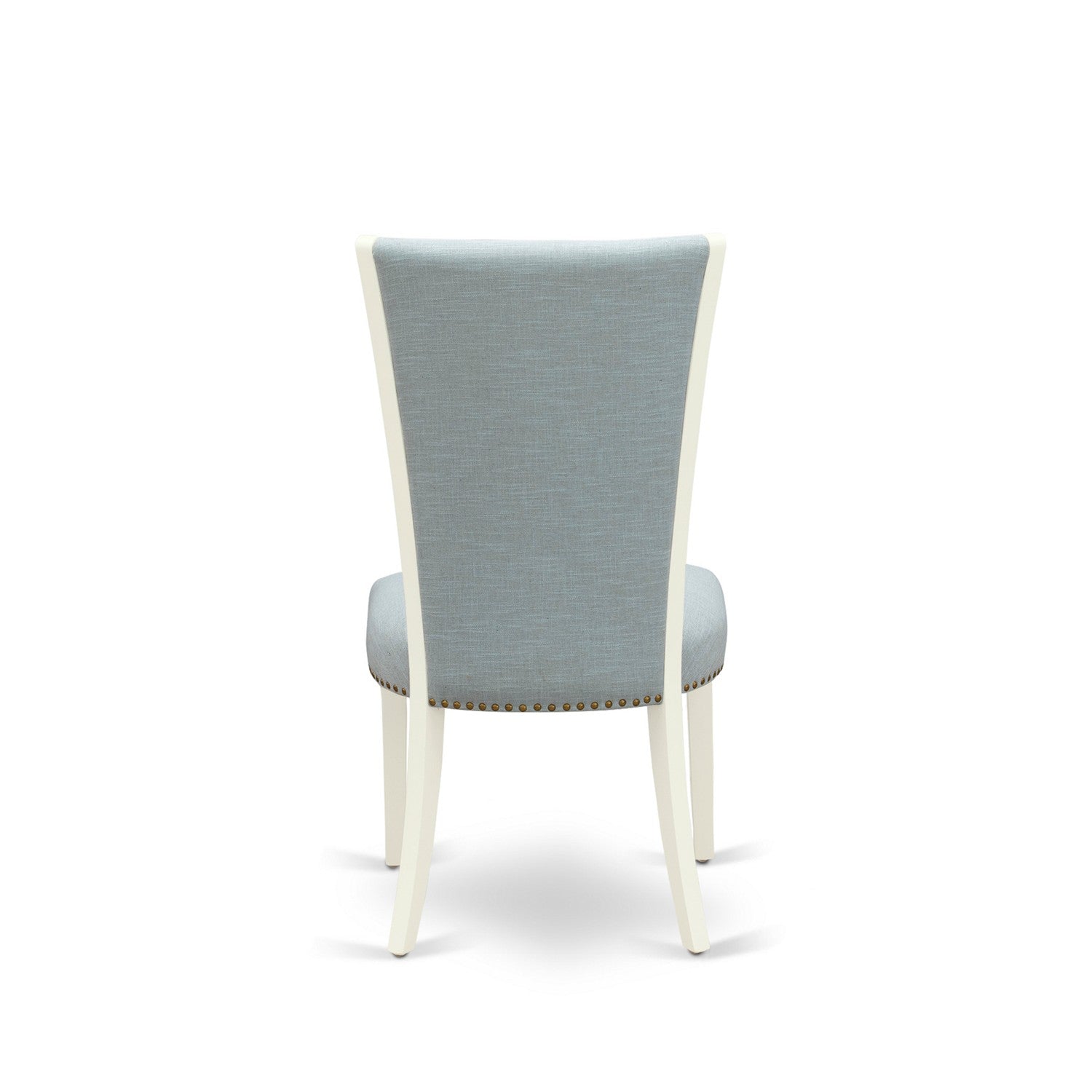 East West Furniture X076VE215-7 7 Piece Dining Room Table Set - 6 Baby Blue Linen Fabric Parson Dining Room Chairs with Nailheads and Distressed Jacobean Wood Dining Table - linen white Finish
