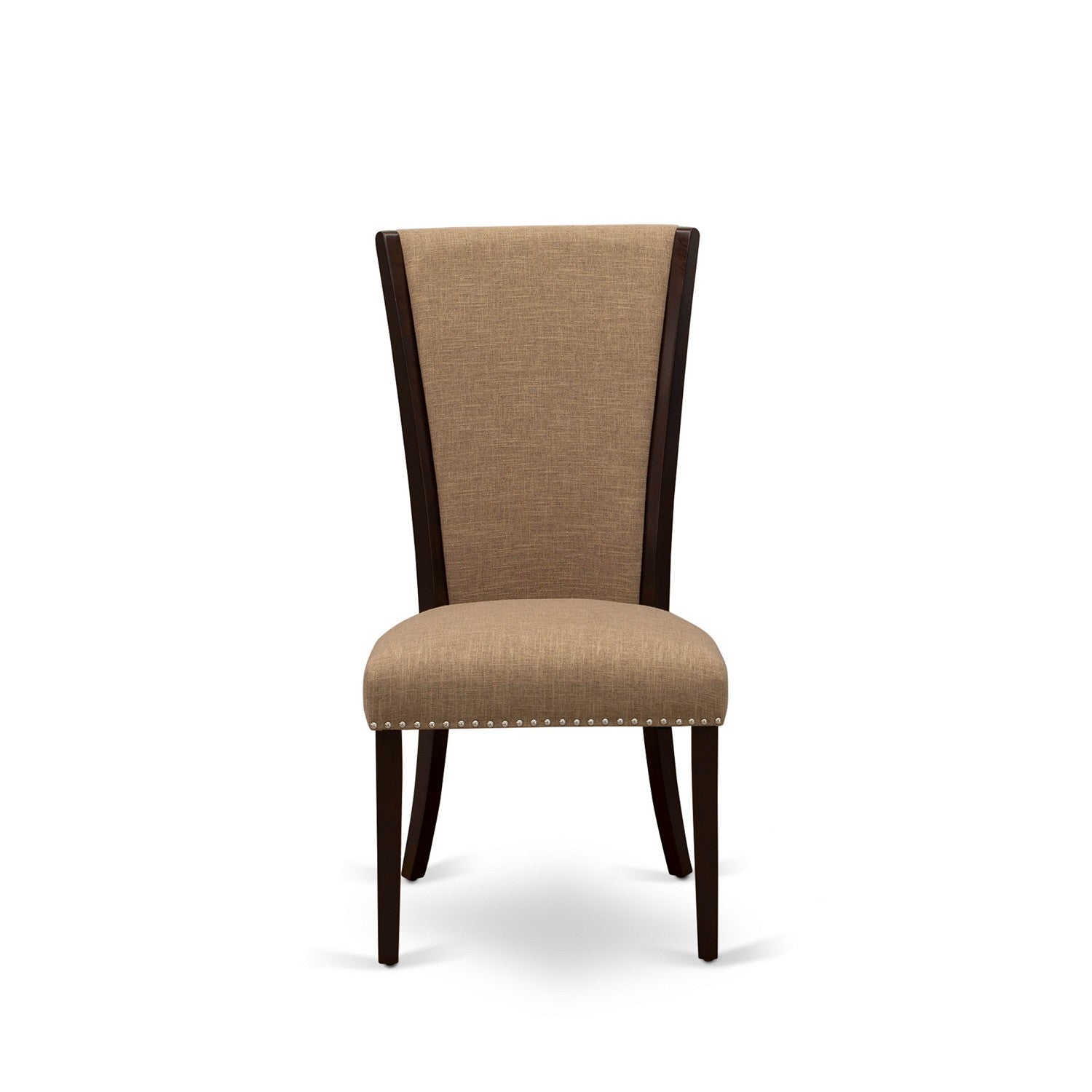 El juego de comedor de 5 piezas East West Furniture PSVE5-MAH-47 incluye una mesa de comedor rectangular con hojas de mariposa y 4 sillas tapizadas en tela de lino color sable claro.