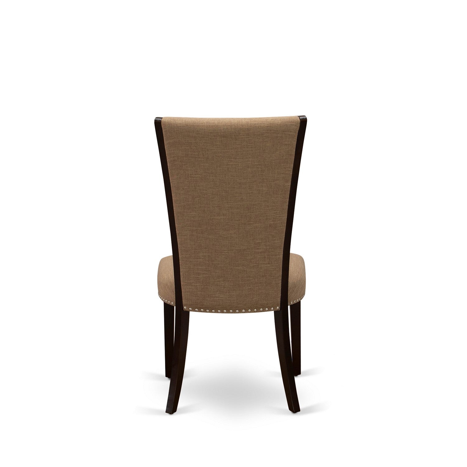 El juego de comedor de 5 piezas East West Furniture PSVE5-MAH-47 incluye una mesa de comedor rectangular con hojas de mariposa y 4 sillas tapizadas en tela de lino color sable claro.