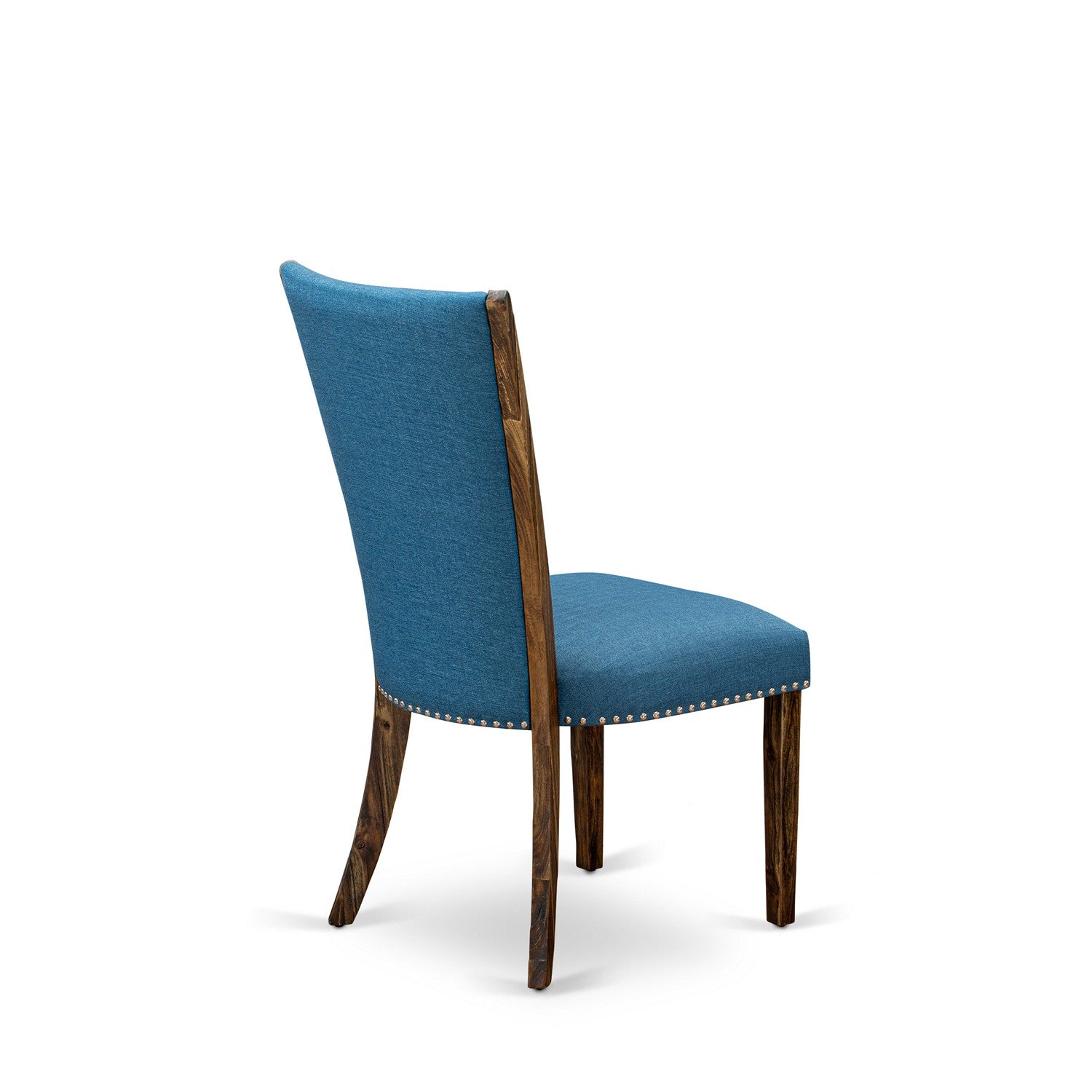 Juego de mesa de comedor de 6 piezas East West Furniture X796VE721-6. Contiene una mesa de cocina rectangular con patas en forma de X y 4 sillas Parson de tela de lino de color azul con un banco.