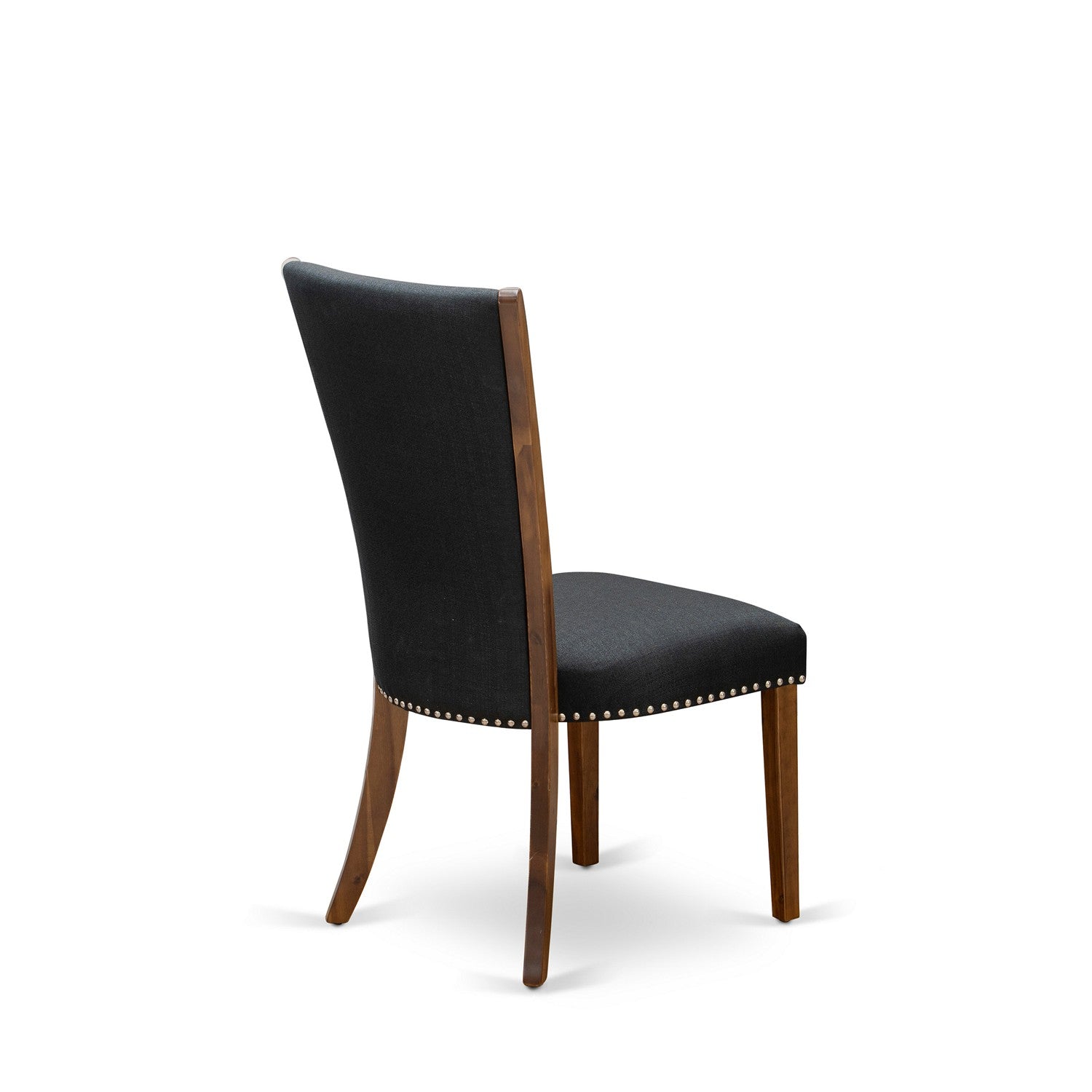 Sillas de comedor Parson Verona VEP8T24 de East West Furniture, tapizadas en tela de lino negra con ribete de tachuelas.