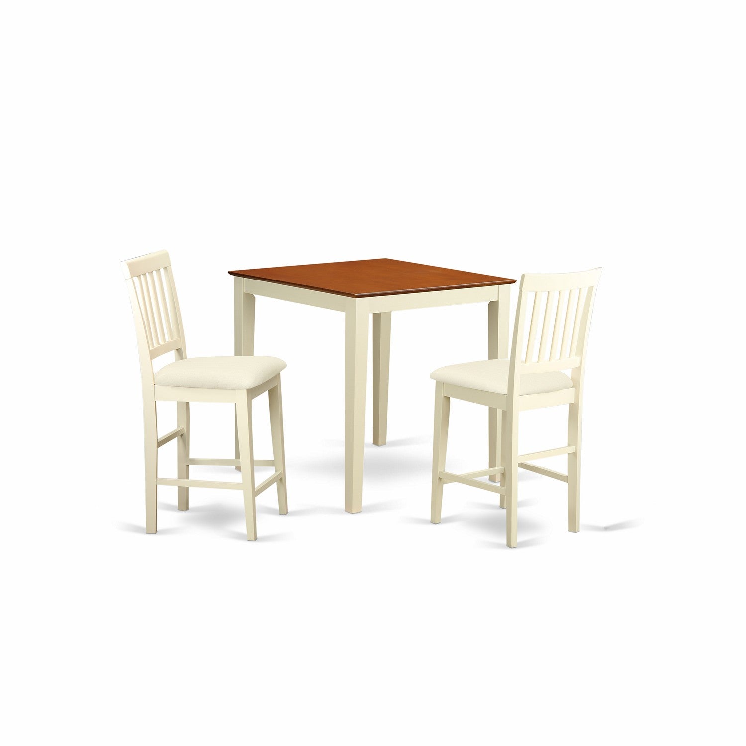 Juego de comedor de 3 piezas East West Furniture VERN3-WHI-C con altura de mostrador para espacios pequeños. Contiene una mesa cuadrada de madera y 2 sillas tapizadas en tela de lino.