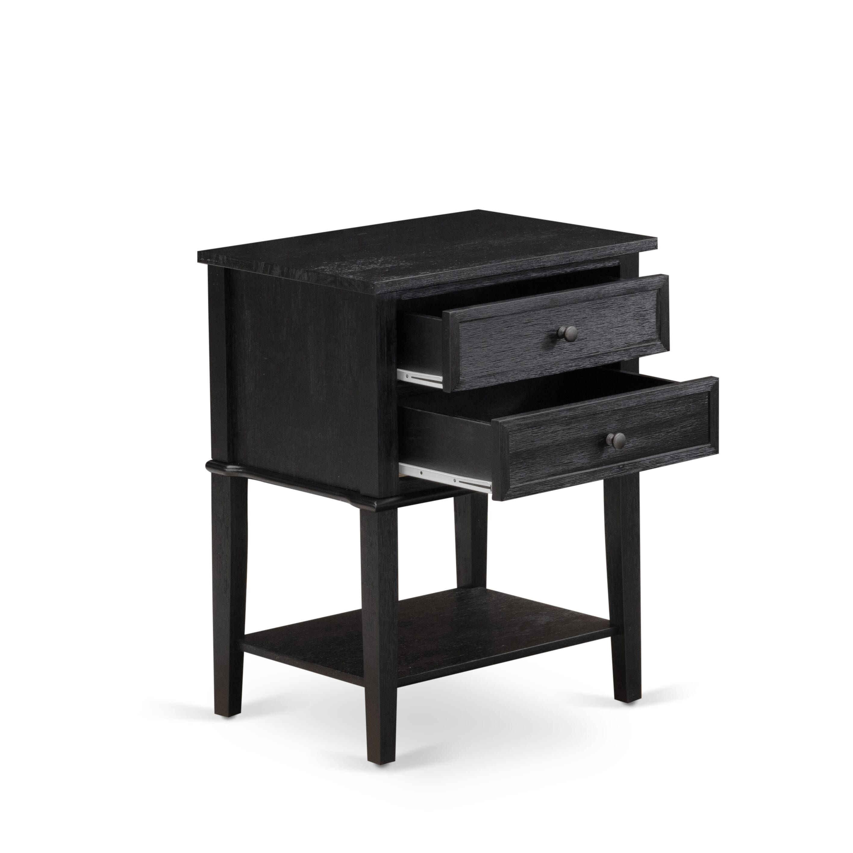 Juego de dormitorio East West Furniture GB25K-2VL06 de 3 piezas Granbury King con estructura de cama y dos mesitas de noche negras con acabado cepillado. Piel sintética marrón oscuro con textura negra y patas negras.