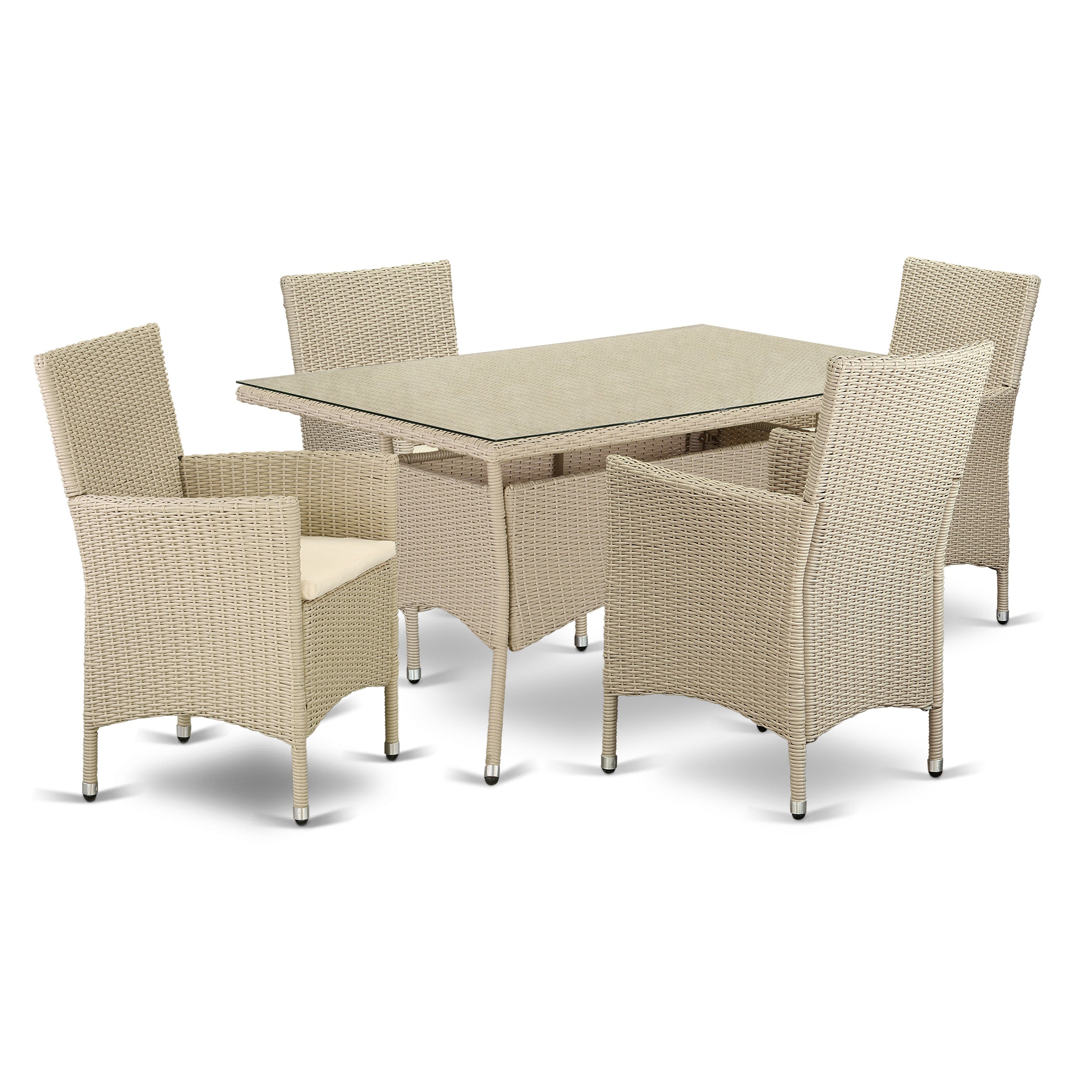 East West Furniture VLVL5-53V Juego de muebles de patio de mimbre para exterior de 5 piezas Incluye una mesa de comedor de bistró rectangular con tapa de vidrio y 4 sillones de balcón con cojín