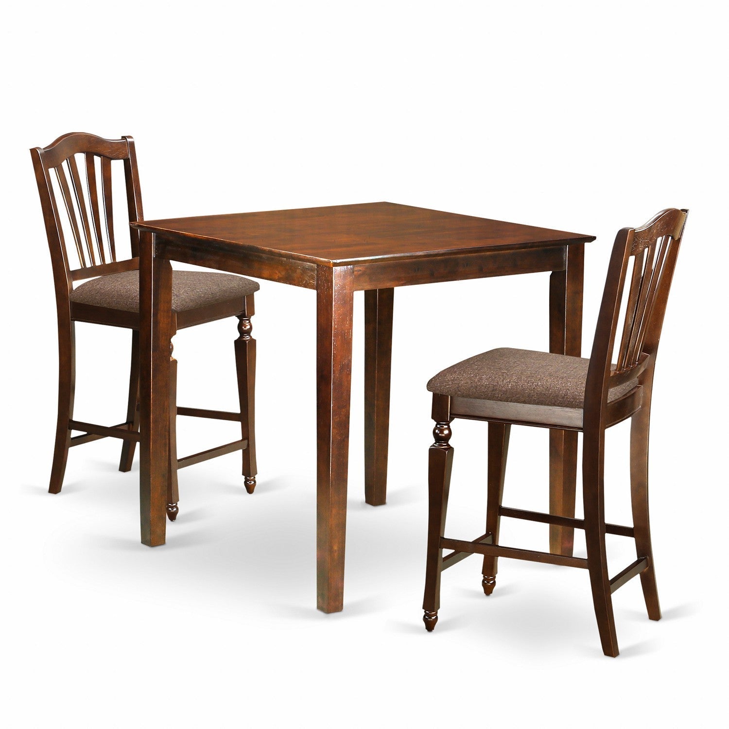 Juego de mesa de comedor de 3 piezas East West Furniture VNCH3-MAH-C con altura de mostrador para cocina. Incluye una mesa de bar cuadrada y 2 sillas tapizadas en tela de lino.
