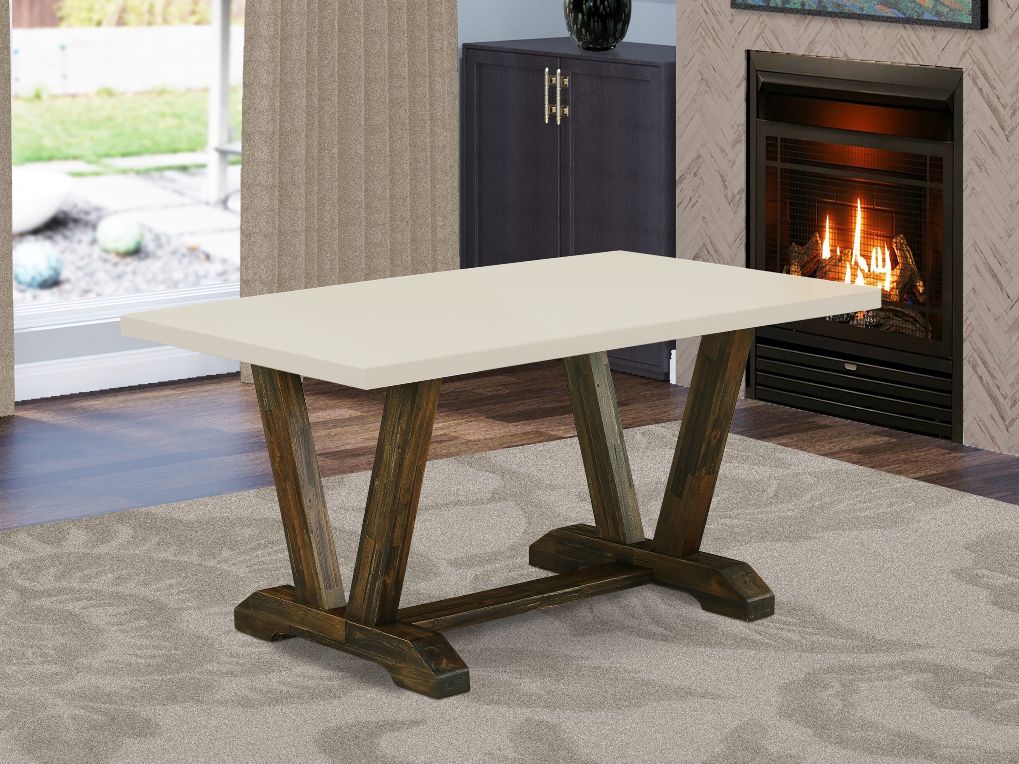 V-Style 36X60 in Dining Table with Distressed Jacobean 418 Leg and Linen White Top finish