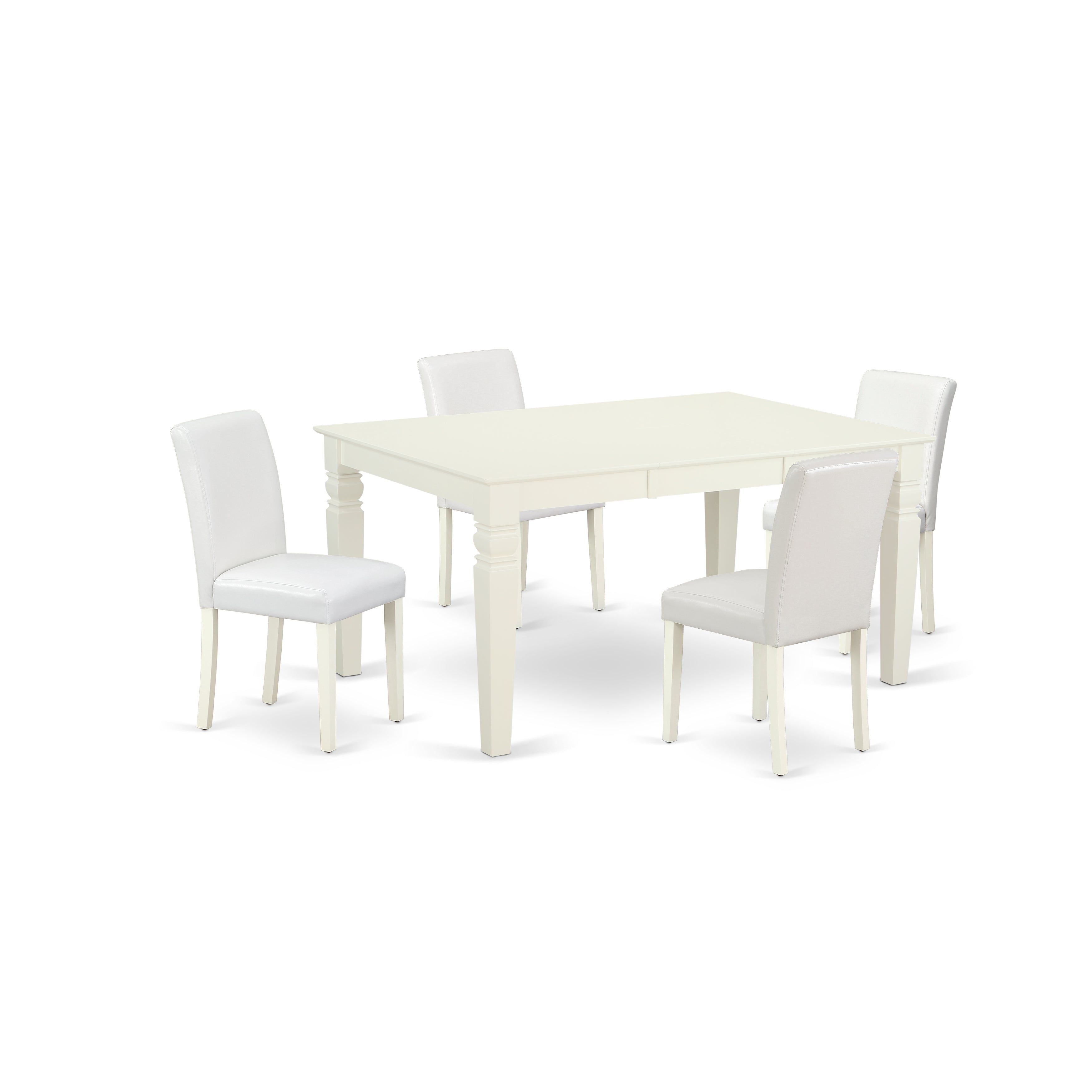 El juego de mesa de cocina de 5 piezas East West Furniture WEAB5-LWH-64 incluye una mesa de comedor rectangular con diseño de hojas de mariposa y 4 sillas tapizadas en piel sintética blanca.