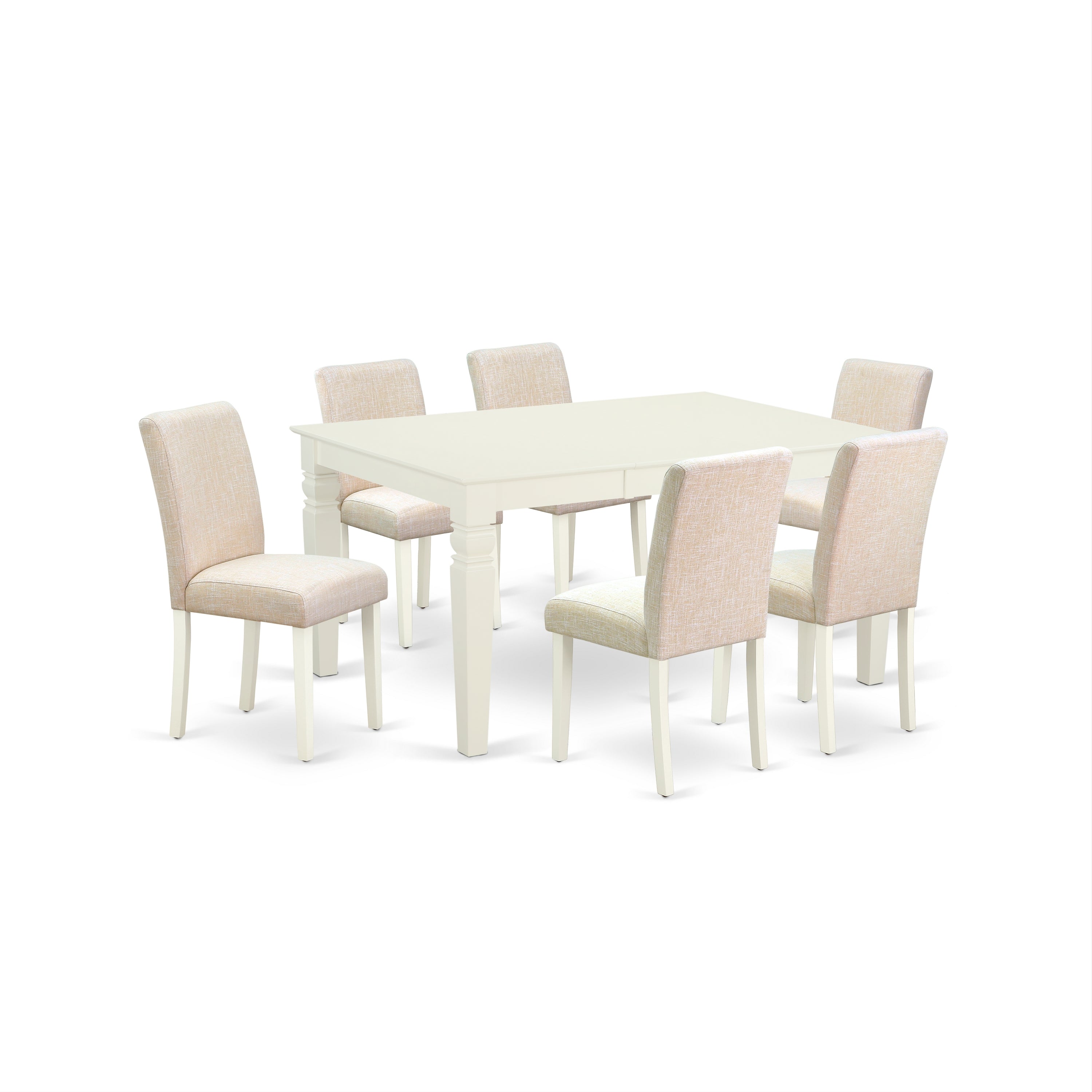 WEAB7-LWH-02 7Pc Rectangular 42/60" Dinette Table With 18 In Leaf And 6 Parson Chair With Linen White Leg And Linen Fabric Light Beige