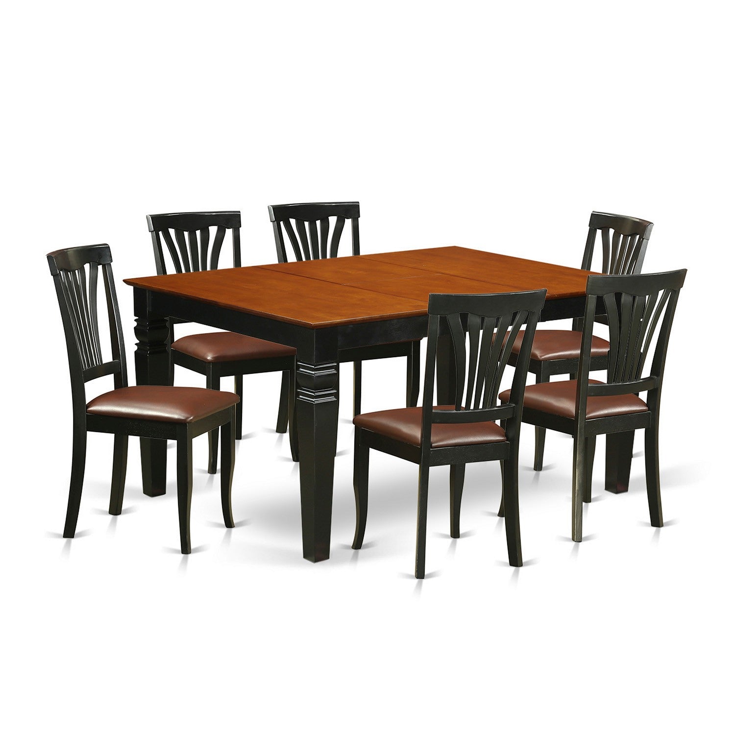 Juego de mesa y sillas de cocina de 7 piezas East West Furniture WEAV7-BCH-LC. Incluye una mesa de comedor rectangular con diseño de hojas de mariposa y 6 sillas de comedor de piel sintética.