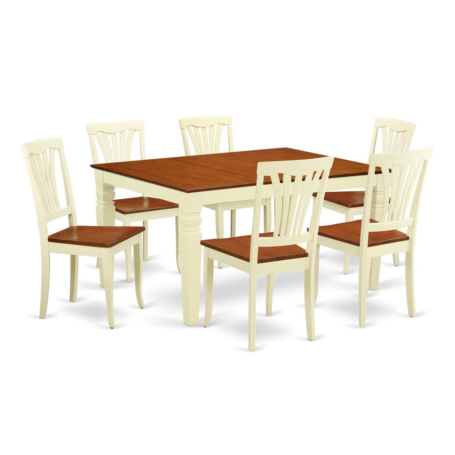 Juego de comedor de 7 piezas East West Furniture WEAV7-BMK-W compuesto por una mesa rectangular con hojas de mariposa y 6 sillas con asiento de madera.