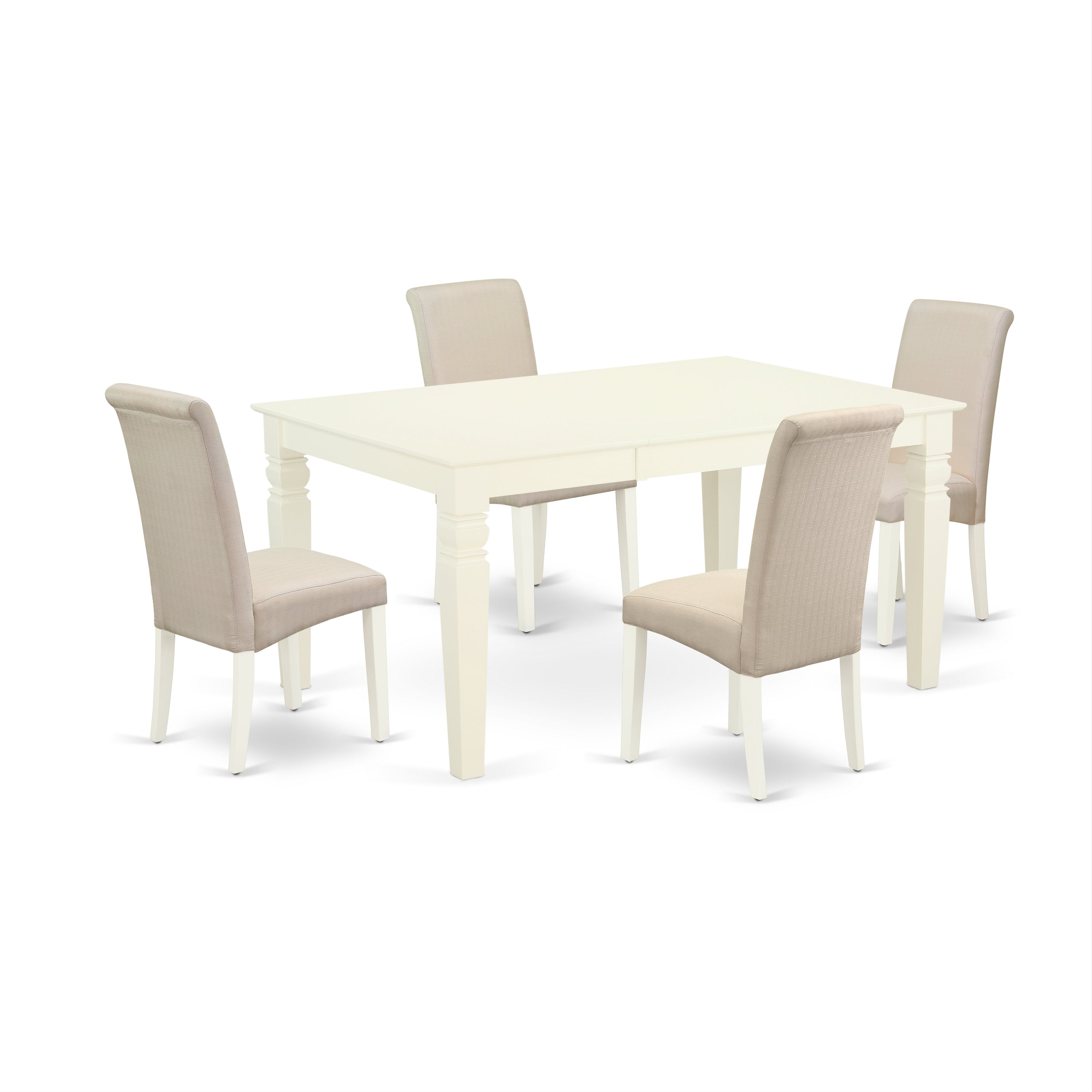 El juego de comedor de 5 piezas East West Furniture WEBA5-WHI-01 incluye una mesa rectangular de madera con diseño de hojas de mariposa y 4 sillas Parsons de tela de lino color crema.