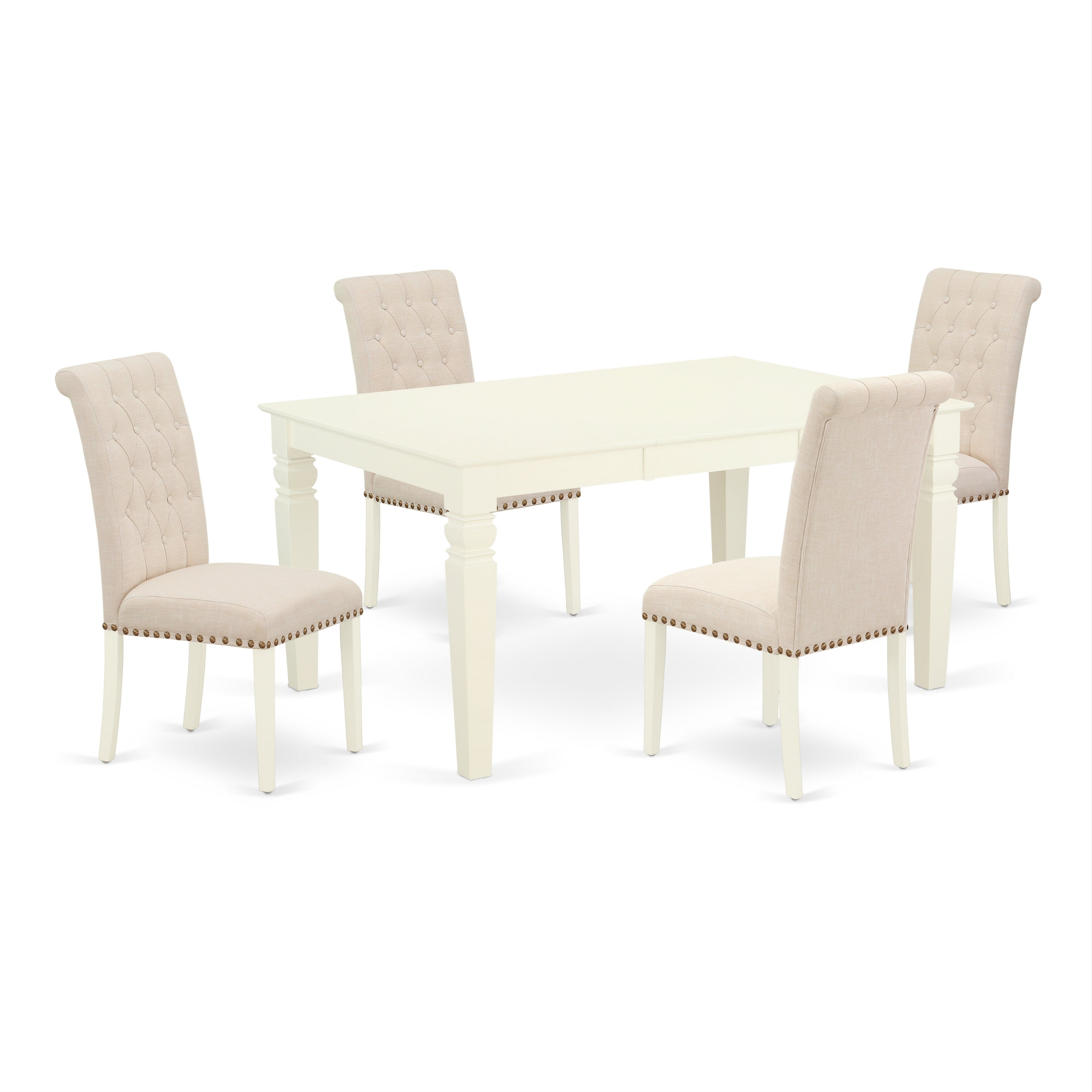 Juego de mesa de comedor moderna de 5 piezas East West Furniture WEBR5-WHI-02. Incluye una mesa rectangular de madera con hojas de mariposa y 4 sillas Parsons de tela de lino beige claro.