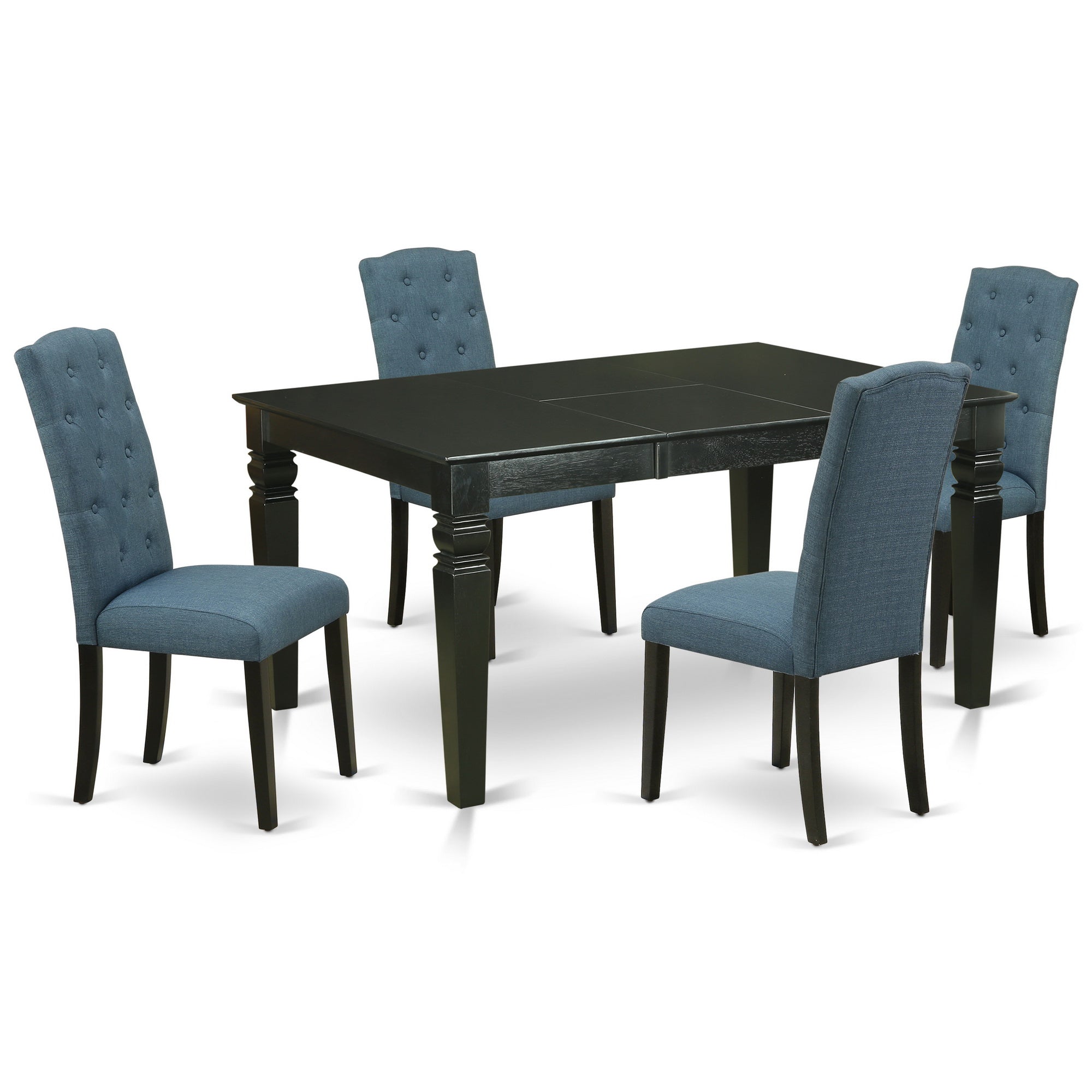 El juego de comedor de 5 piezas East West Furniture WECE5-BLK-21 incluye una mesa rectangular de madera con diseño de hojas de mariposa y 4 sillas de comedor Parson de tela de lino azul mineral.