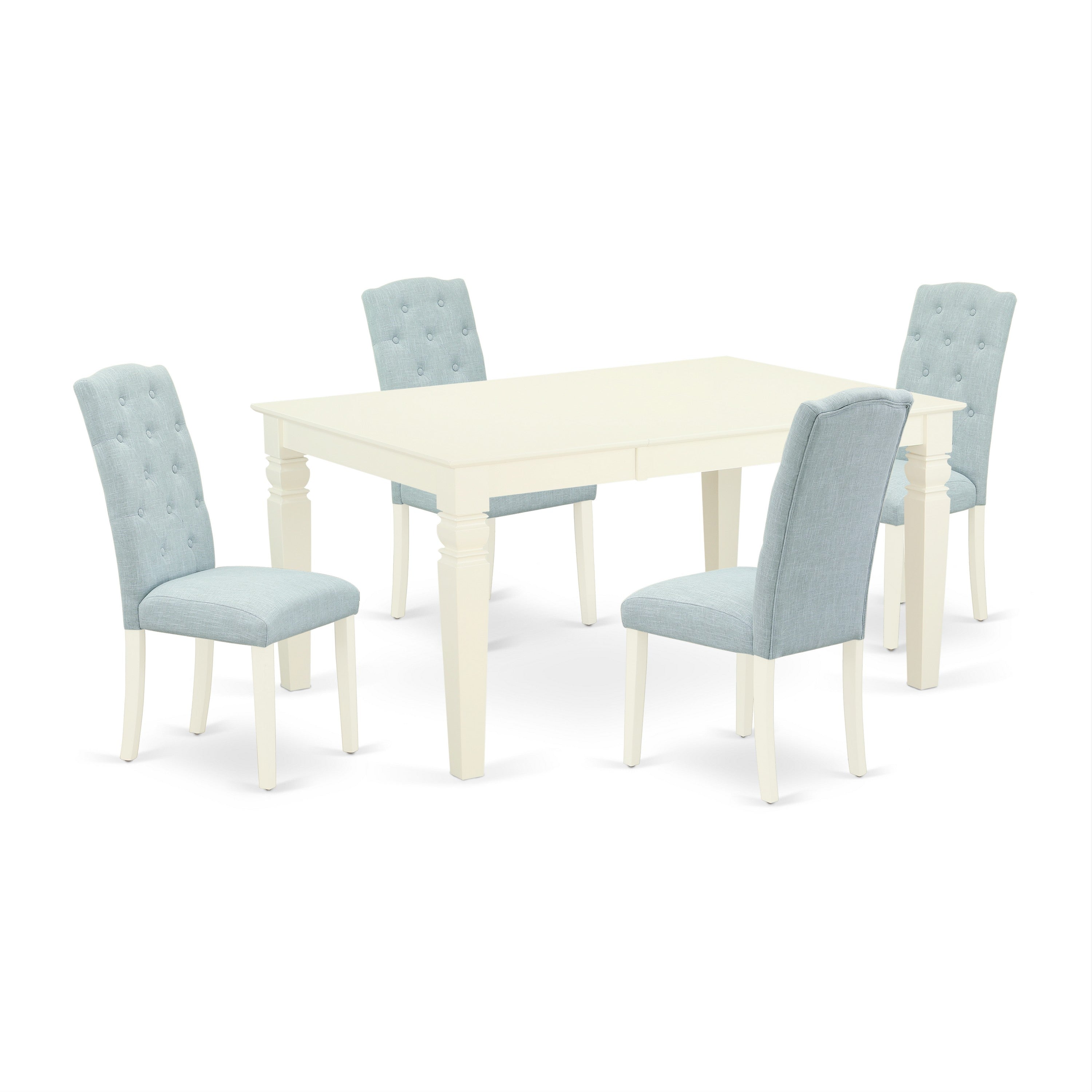 El juego de comedor de 5 piezas East West Furniture WECE5-WHI-15 incluye una mesa de comedor rectangular con hojas de mariposa y 4 sillas tapizadas en tela de lino azul bebé.