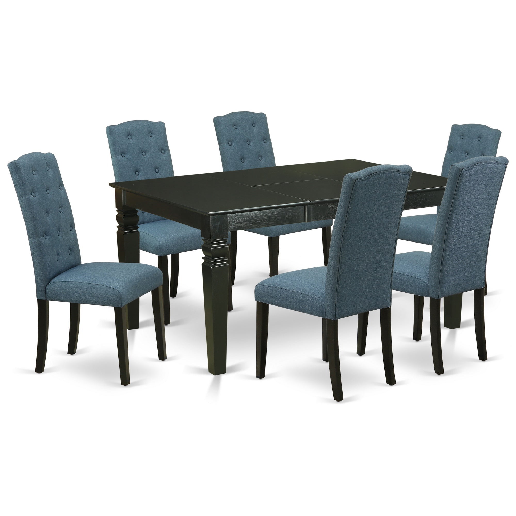 El juego de comedor de 7 piezas East West Furniture WECE7-BLK-21 consta de una mesa de comedor rectangular con diseño de hojas de mariposa y 6 sillas de comedor Parson con tela de lino azul mineral.