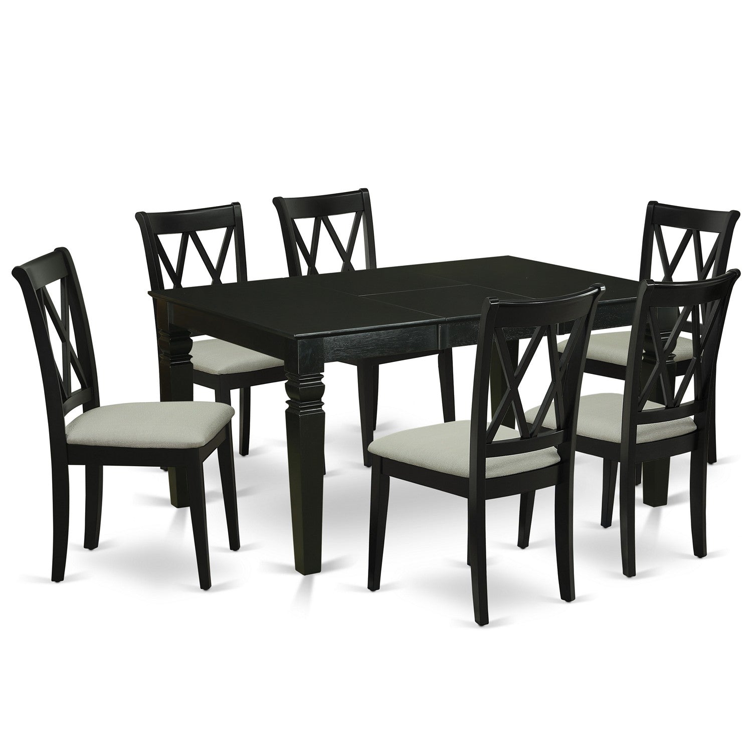 Juego de mesa de comedor East West Furniture WECL7-BLK-C de 7 piezas compuesto por una mesa de comedor rectangular con hojas de mariposa y 6 sillas tapizadas en tela de lino.