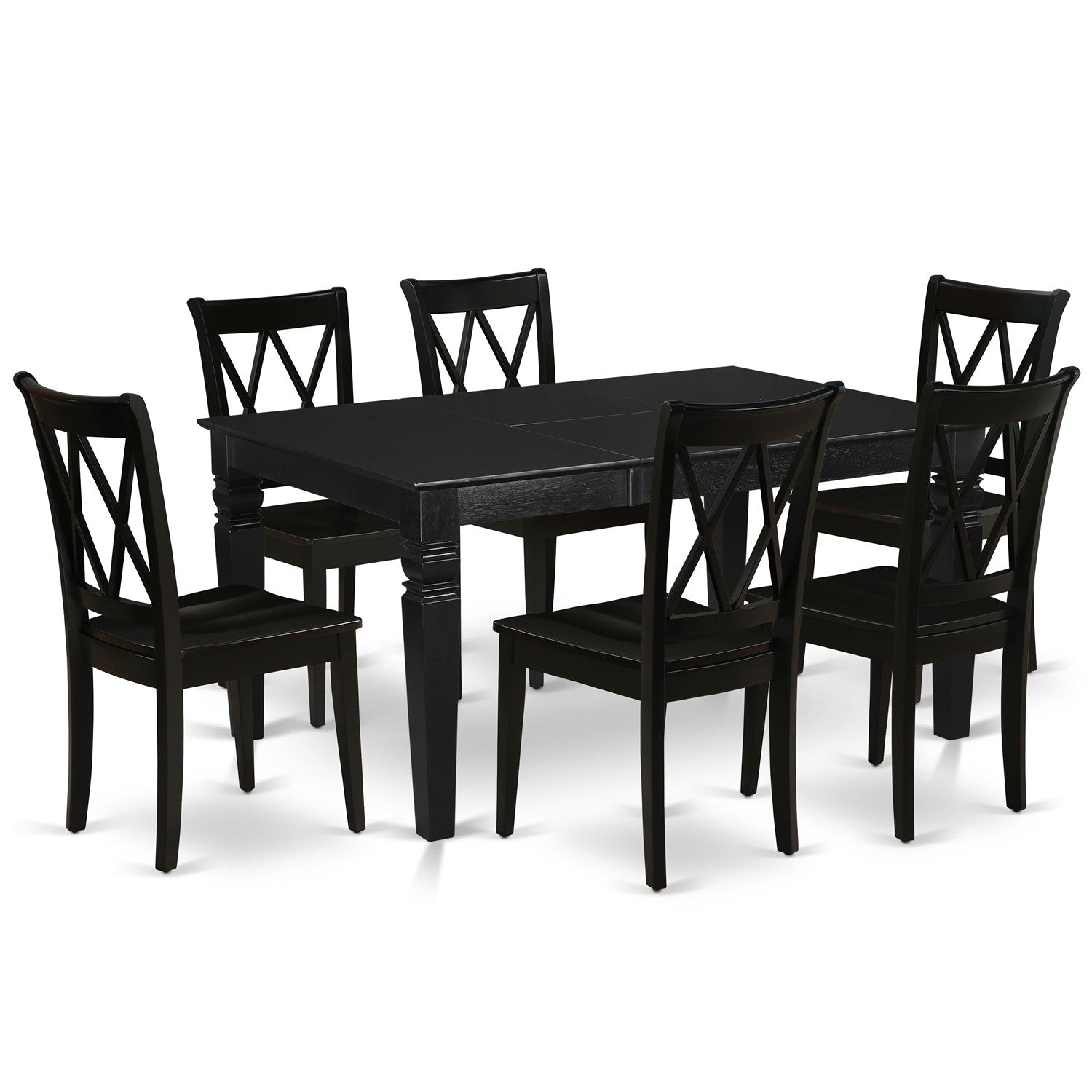 Juego de mesa y sillas de cocina de 7 piezas East West Furniture WECL7-BLK-W. Incluye una mesa de comedor rectangular con diseño de hojas de mariposa y 6 sillas de comedor.