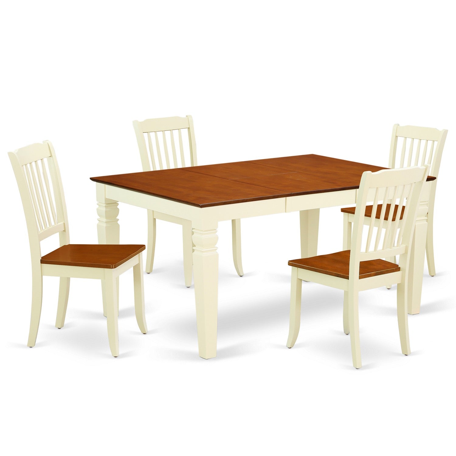 Juego de mesa y sillas de cocina de 5 piezas East West Furniture WEDA5-BMK-W. Incluye una mesa de comedor rectangular con diseño de hojas de mariposa y 4 sillas de comedor.