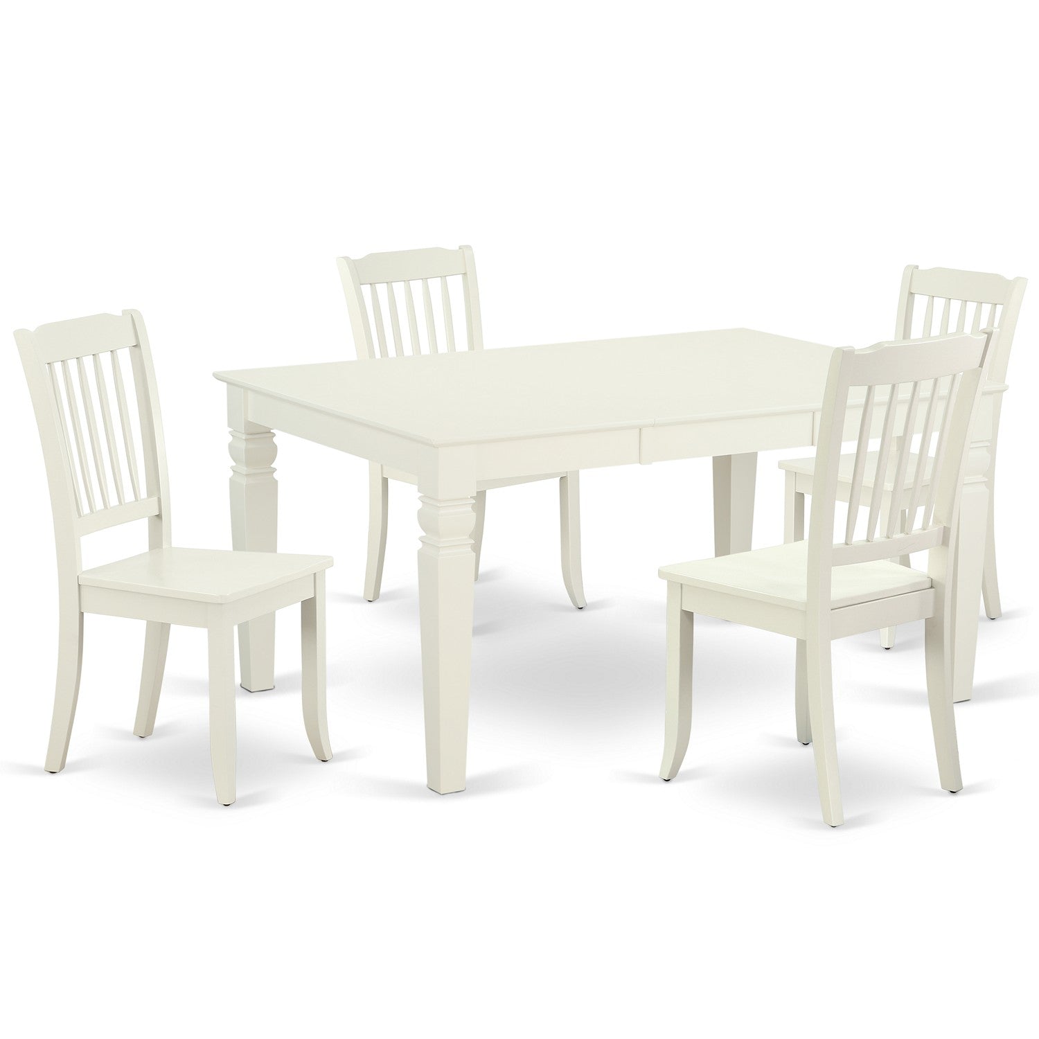 Juego de mesa y sillas de cocina de 5 piezas East West Furniture WEDA5-LWH-W. Incluye una mesa de comedor rectangular con hojas de mariposa y 4 sillas con asiento de madera maciza.
