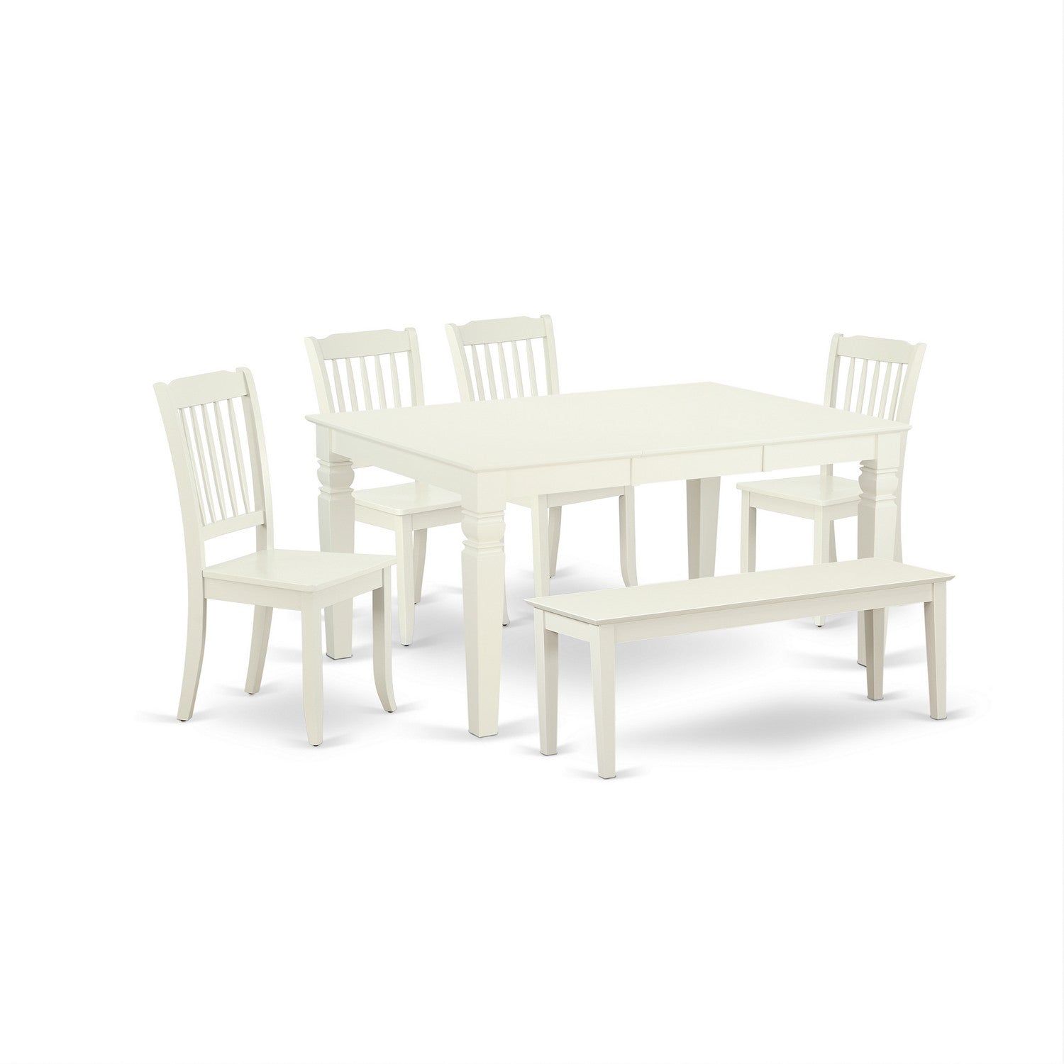 WEDA6-LWH-W 6Pc Rectangular 42/60" Dining Table With 18 In Leaf And Four Wood Seat Dining Chairs plus 1 Bench