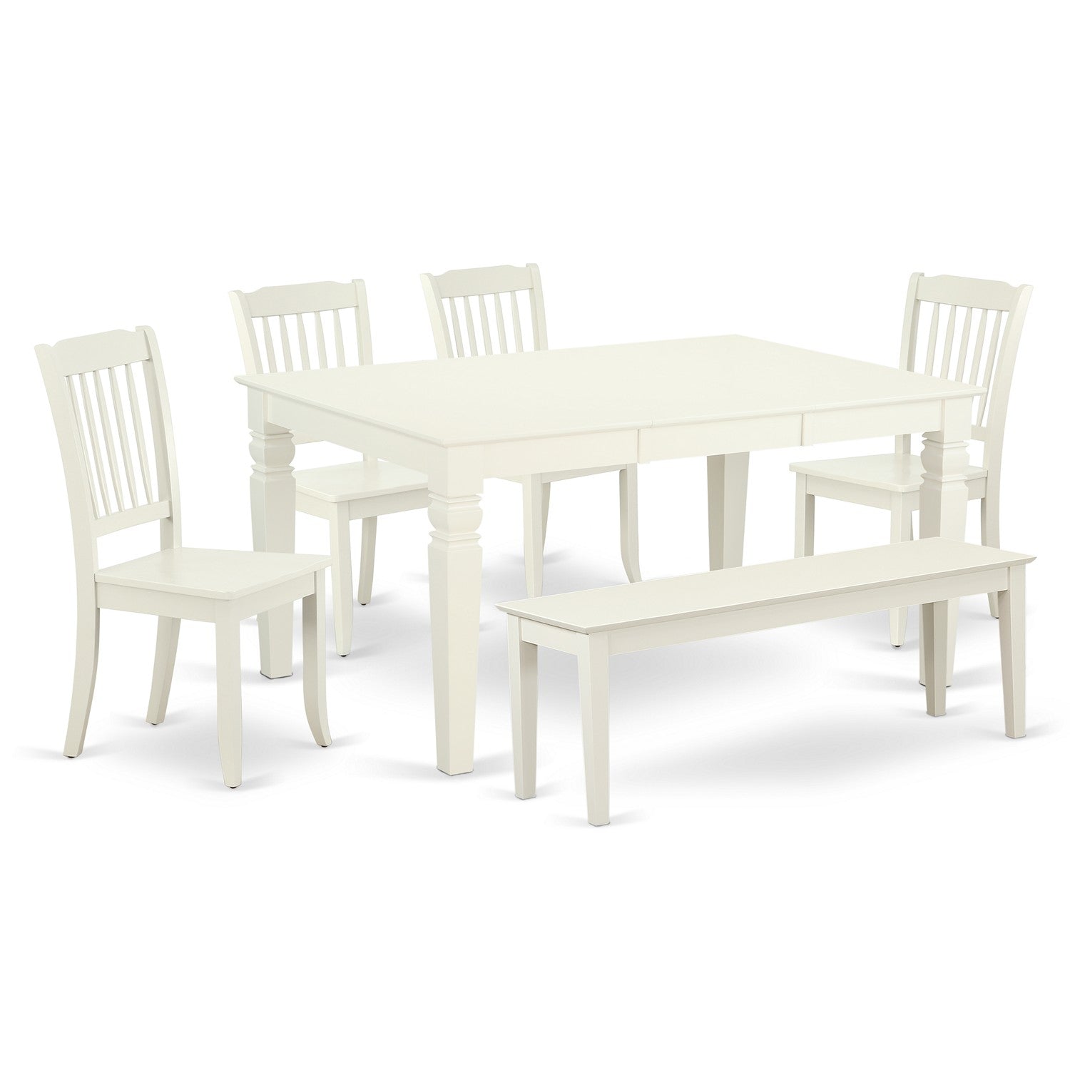 WEDA6C-LWH-W 6PC Rectangular 42/60 inch Table with 18 In Leaf and 4 vertical slatted Chairs plus 1 bench