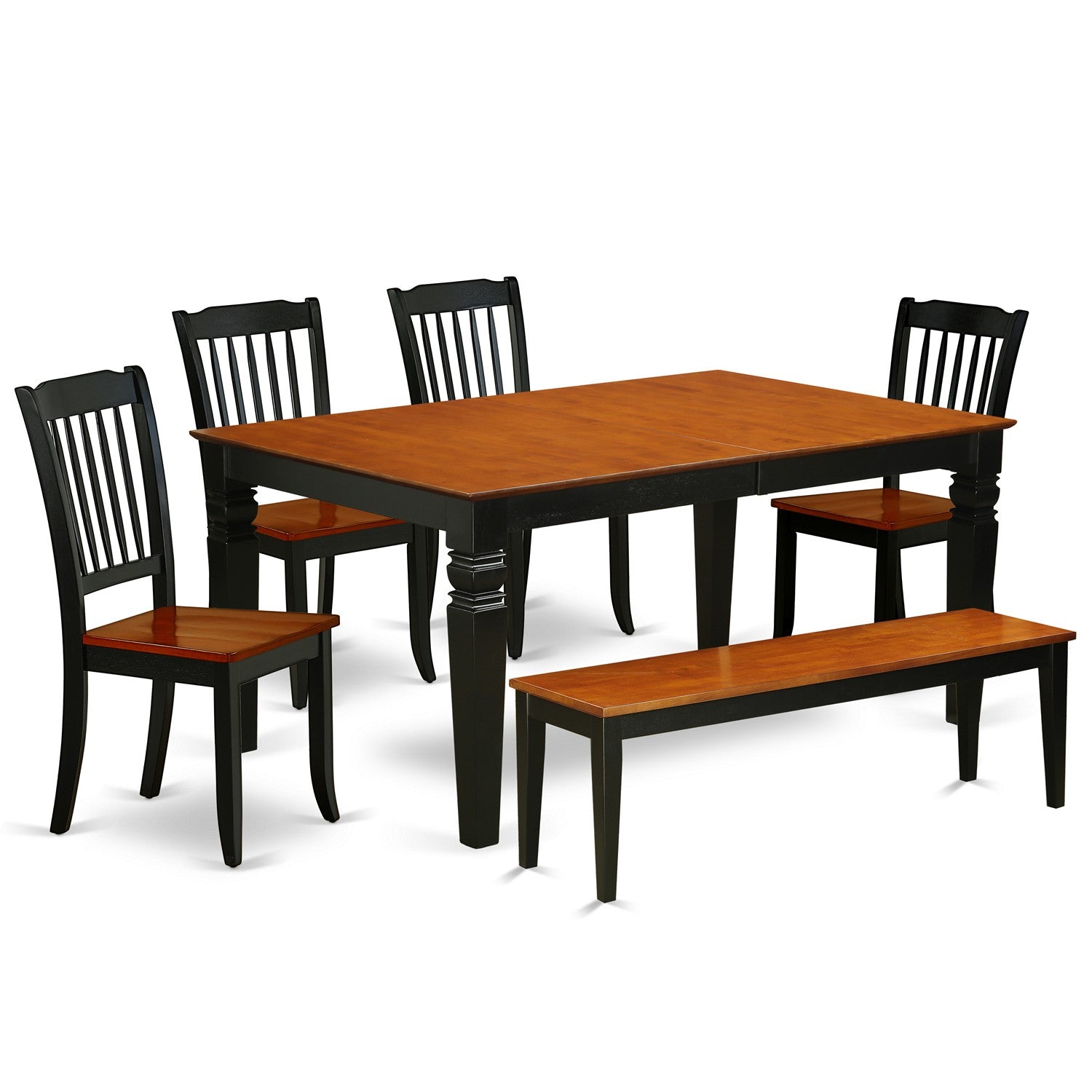 WEDA6N-BCH-W 6PC Rectangular 42/60 inch Table with 18 In Leaf and 4 vertical slatted Chairs plus 1 bench