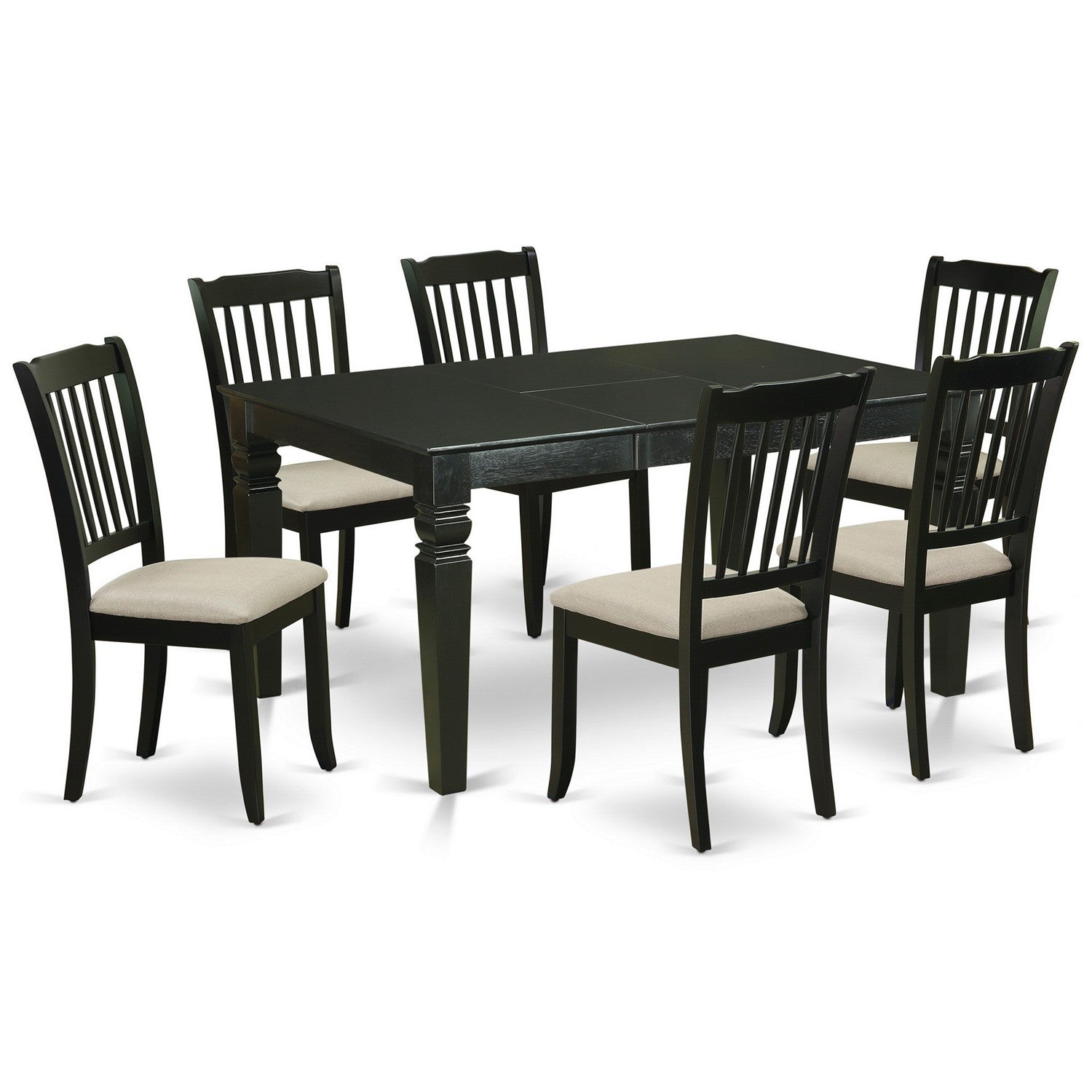 WEDA7-BLK-C 7Pc Dinette Set Includes a Rectangular Kitchen Table with Butterfly Leaf and Six Vertical Slatted Linen Seat Dining Chairs, Black Finish