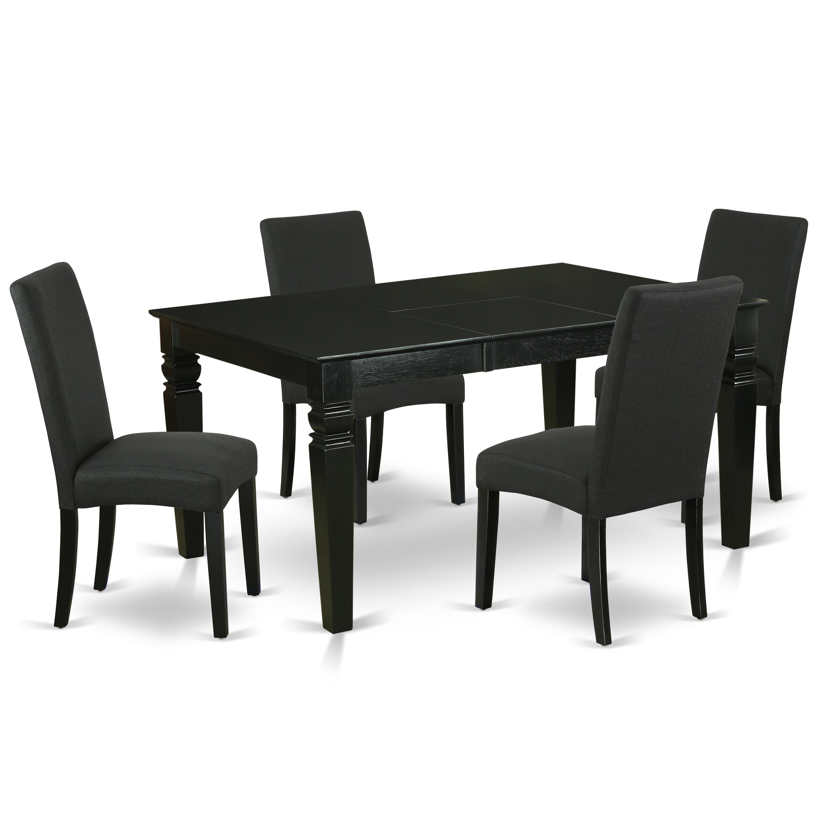 El juego de mesa de cocina de 5 piezas East West Furniture WEDR5-BLK-24 incluye una mesa de comedor rectangular con hojas de mariposa y 4 sillas tapizadas en tela de lino de color negro.