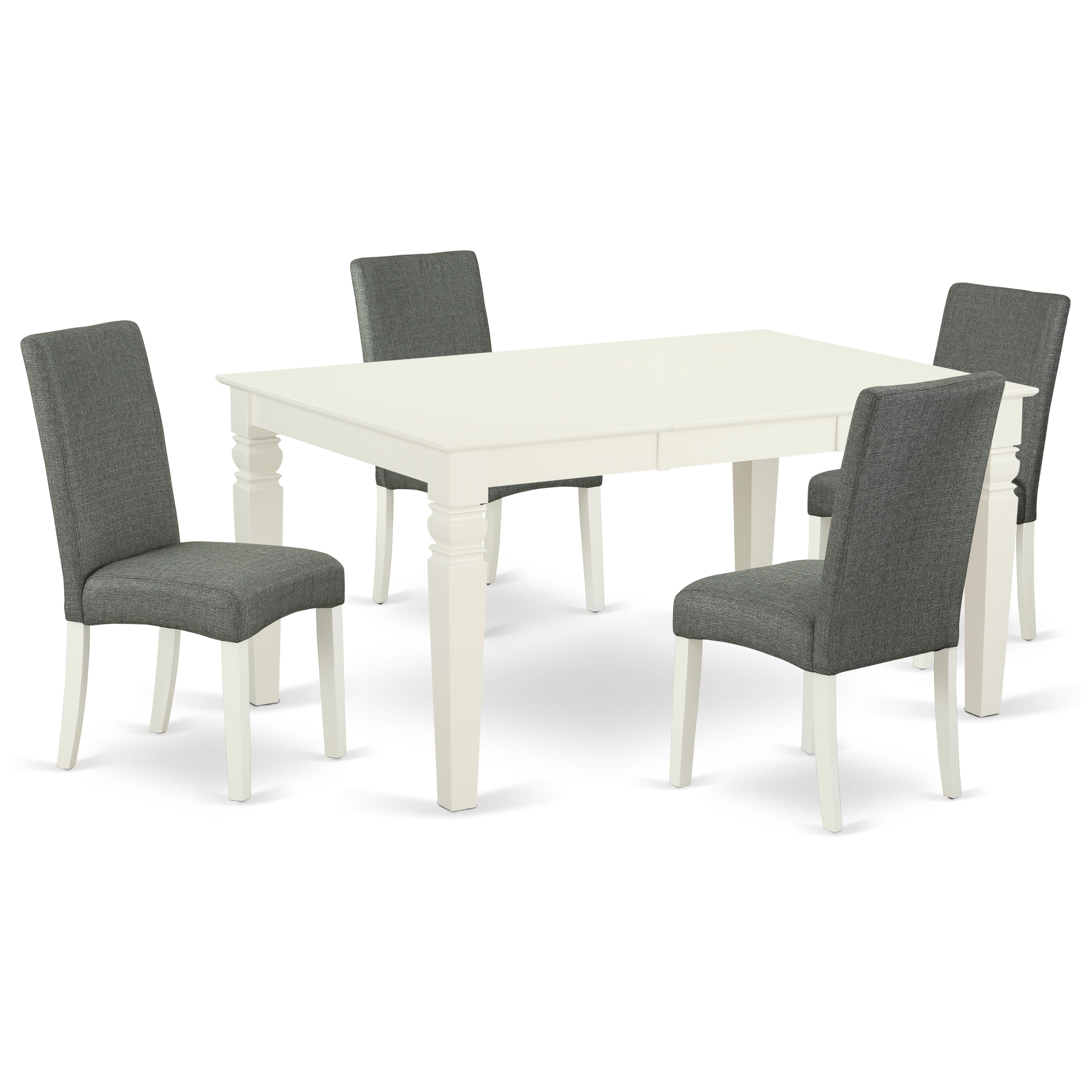 Juego de comedor de 5 piezas East West Furniture WEDR5-LWH-07. Incluye una mesa de comedor rectangular con diseño de hojas de mariposa y 4 sillas tapizadas en tela de lino gris.