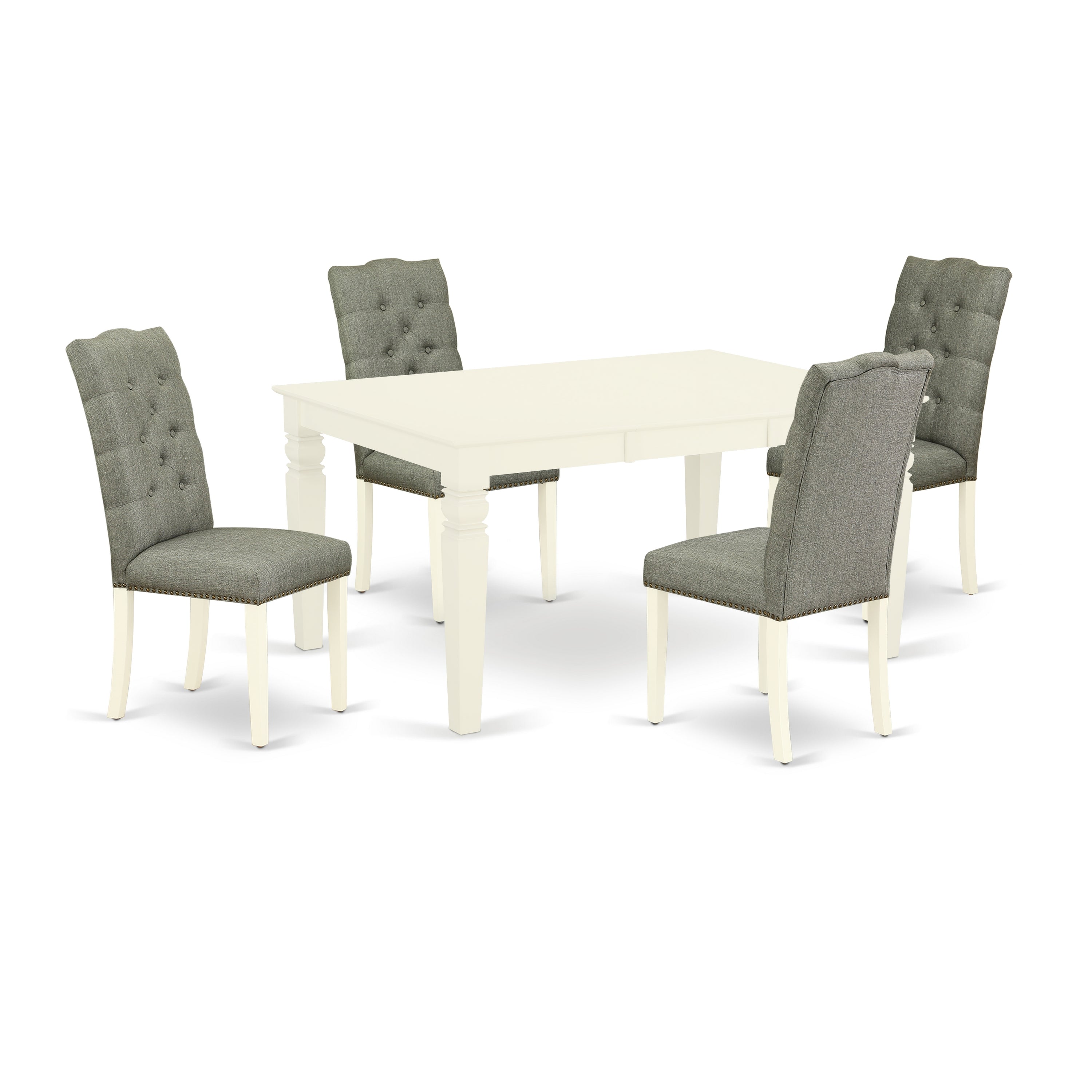 East West Furniture WEEL5-WHI-07 5-Piece small dining table set- 4 Dining Chairs and Butterfly Leaf dinner table hardwood structure - Button-tufted & Linen White Finish