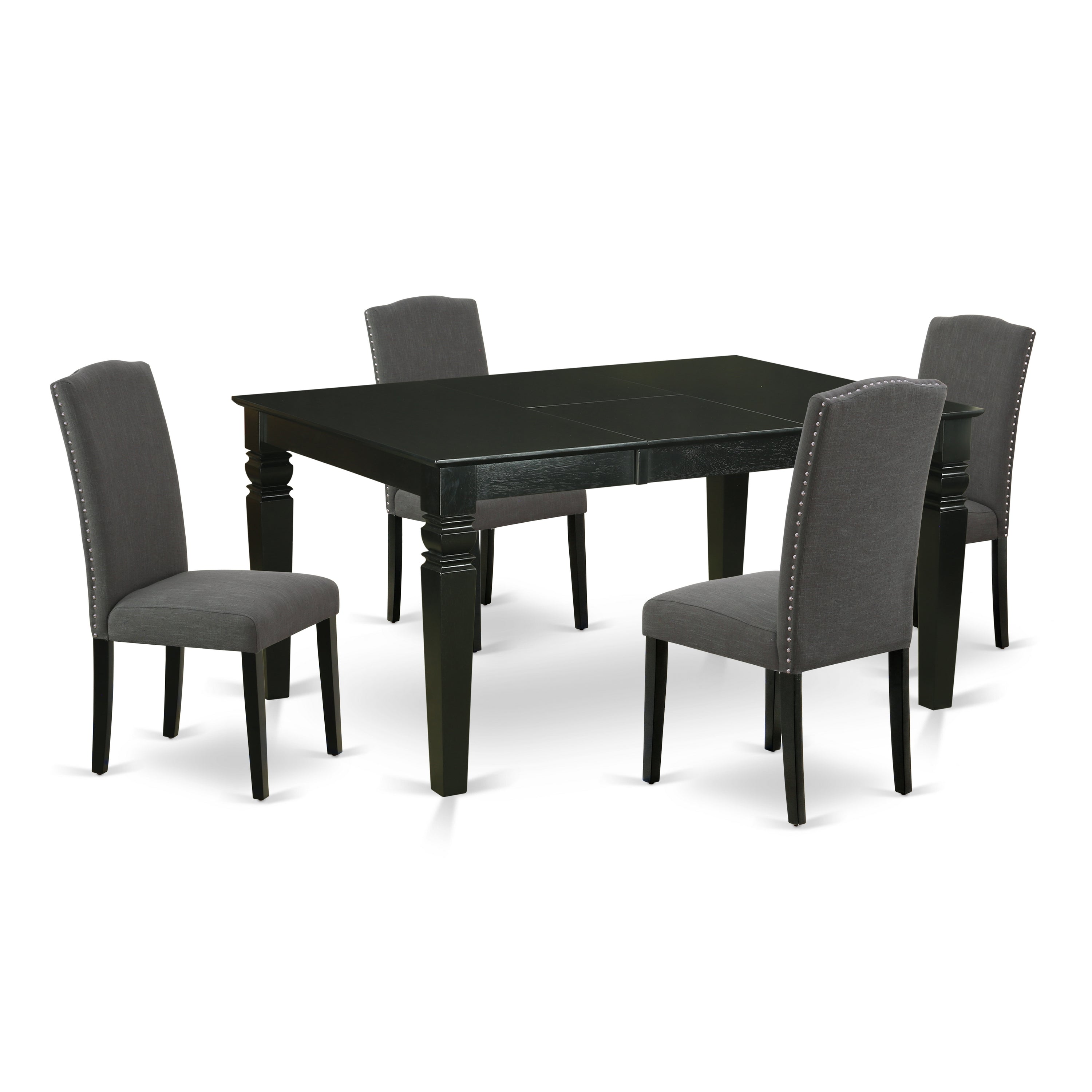 El juego de mesa de cocina de 5 piezas East West Furniture WEEN5-BLK-20 incluye una mesa de comedor rectangular con hojas de mariposa y 4 sillas tapizadas en tela de lino Gotham oscuro.