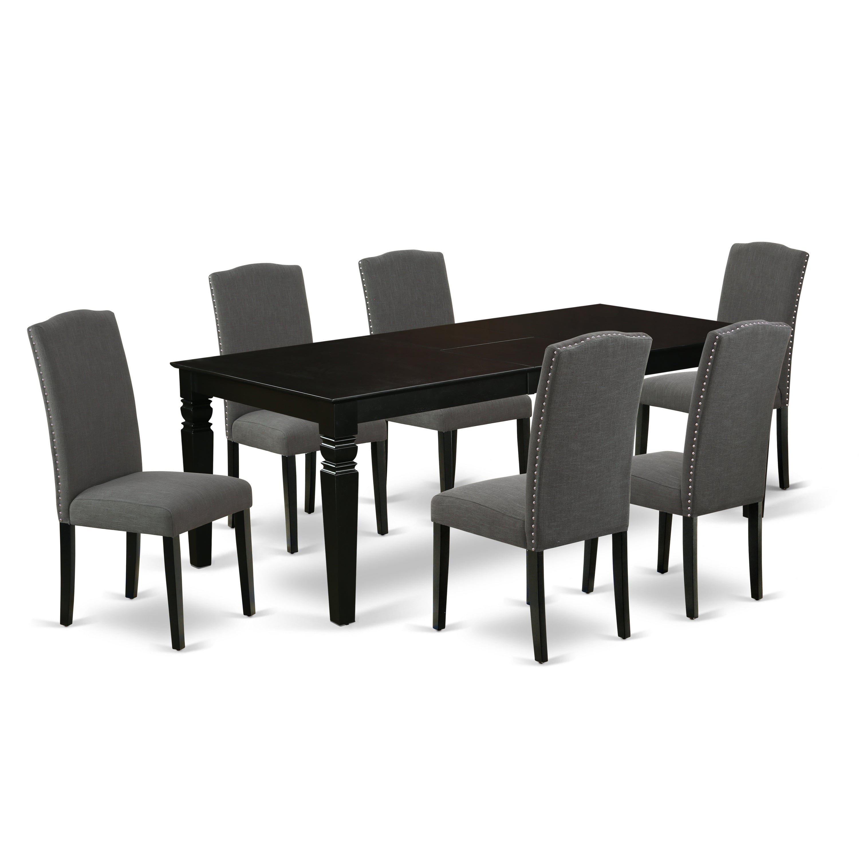 WEEN7-BLK-20 7Pc Rectangular 42/60" Dinette Table With 18 In Leaf And 6 Parson Chair With Black Leg And Linen Fabric Dark Gotham Grey
