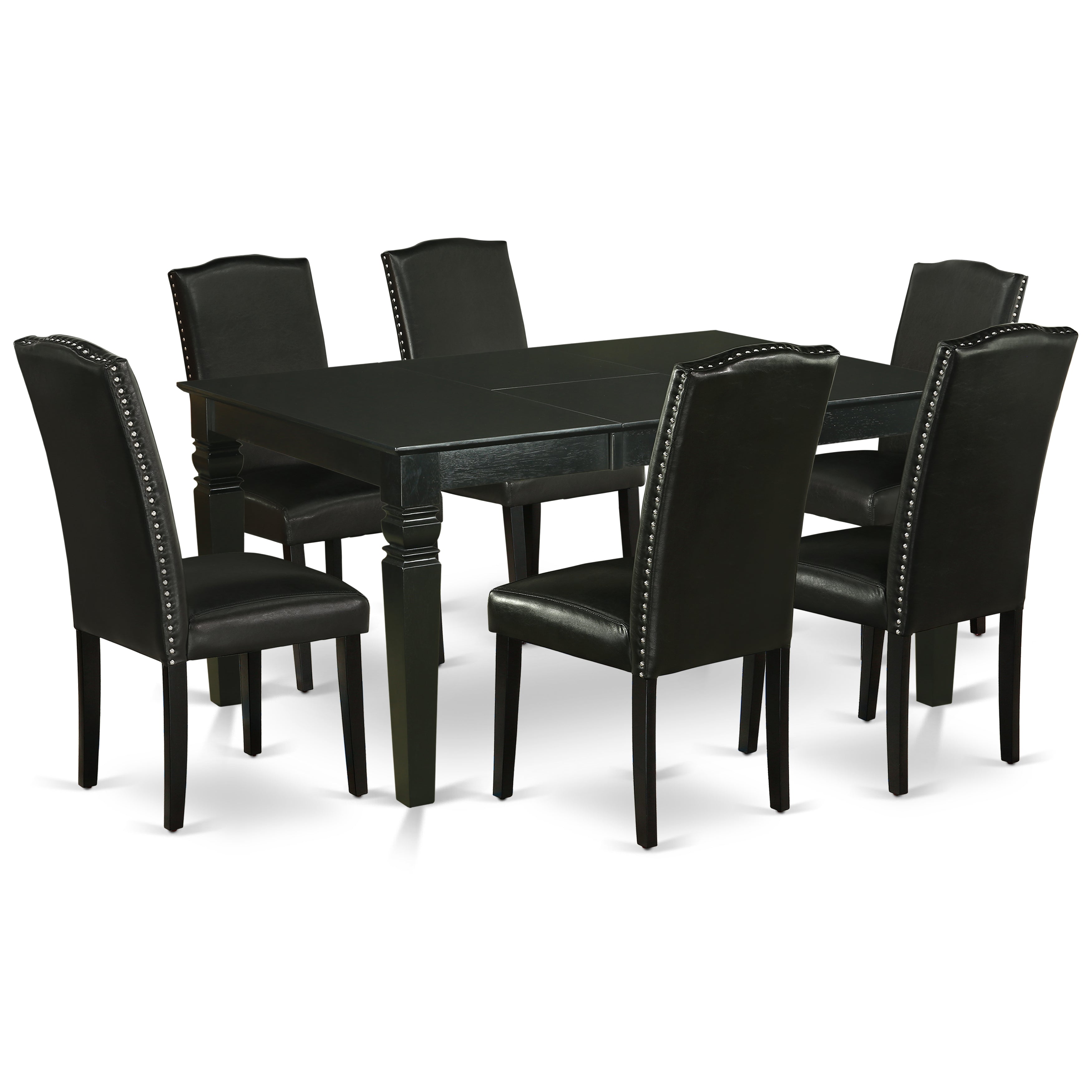 WEEN7-BLK-69 7Pc Rectangular 42/60" Dinette Table With 18 In Leaf And 6 Parson Chair With Black Leg And Pu Leather Color Black