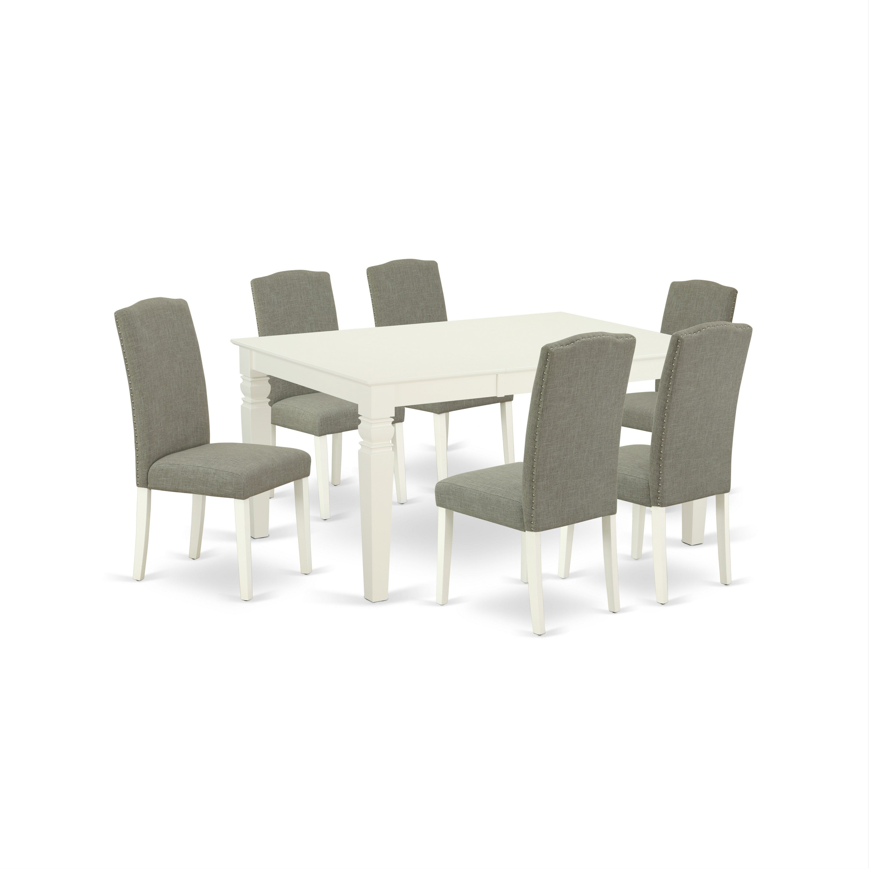 Juego de comedor de 7 piezas East West Furniture WEEN7-LWH-06 compuesto por una mesa rectangular con hojas de mariposa y 6 sillas tapizadas en tela de lino shitake oscuro.