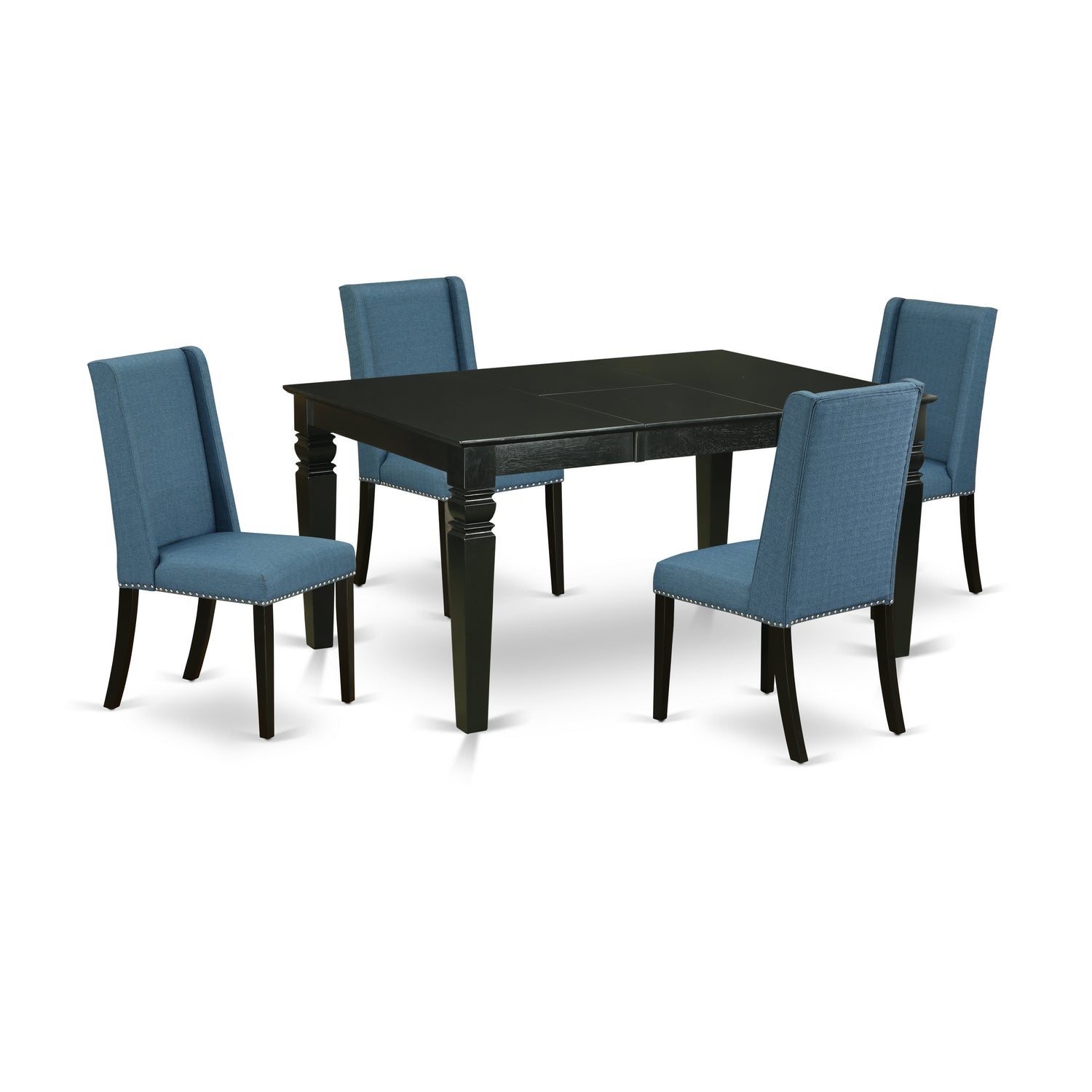 Juego de mesa de comedor de 5 piezas East West Furniture WEFL5-BLK-21 para 4 personas. Incluye una mesa de cocina rectangular con diseño de hojas de mariposa y 4 sillas tapizadas en tela de lino azul.