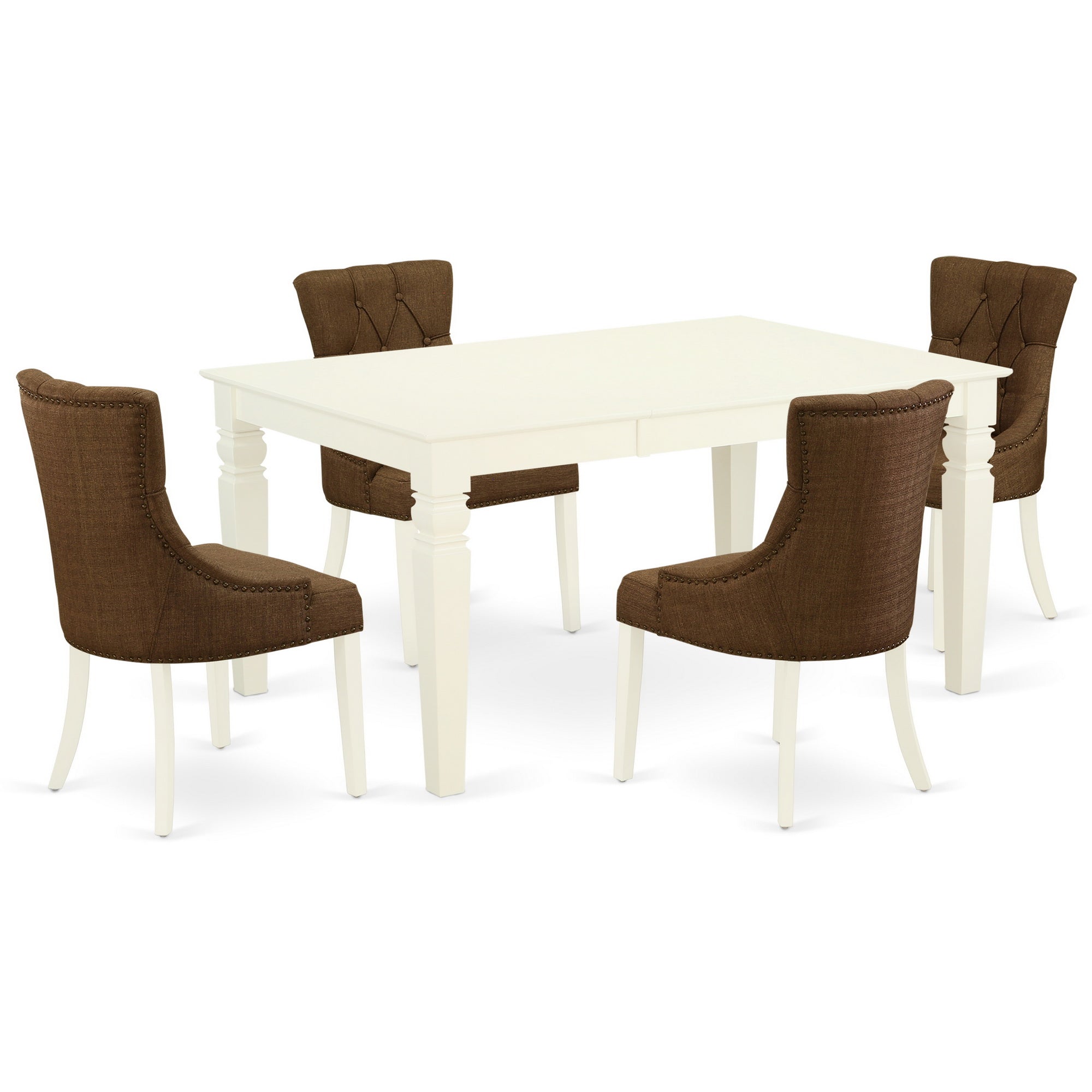 WEFR5-WHI-18 5Pc Dining Set Includes a Rectangle Dinette Table with Butterfly Leaf and Four Parson Chairs with Dark Coffee Fabric, White Finish