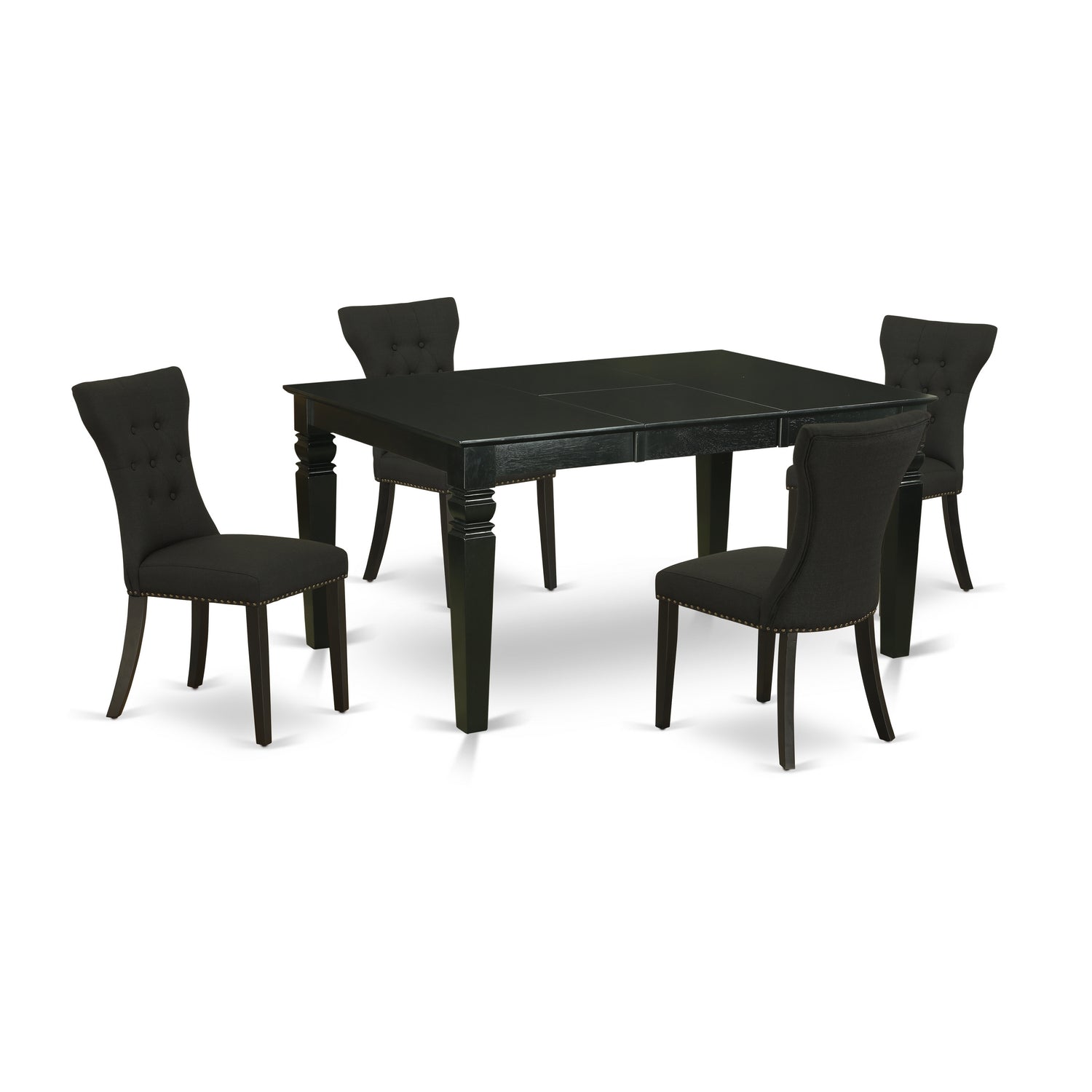 Juego de mesa de cocina de 5 piezas East West Furniture WEGA5-BLK-24 para 4 personas. Incluye una mesa de comedor rectangular con diseño de hojas de mariposa y 4 sillas Parsons de tela de lino negro.