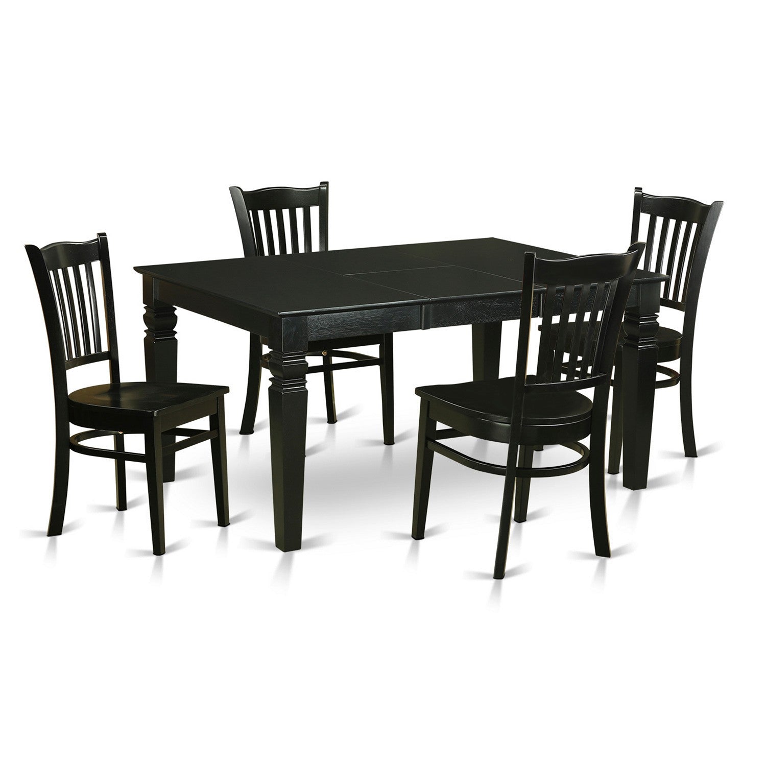 El juego de mesa de comedor moderno East West Furniture WEGR5-BLK-W de 5 piezas incluye una mesa rectangular de madera con hojas de mariposa y 4 sillas de comedor.