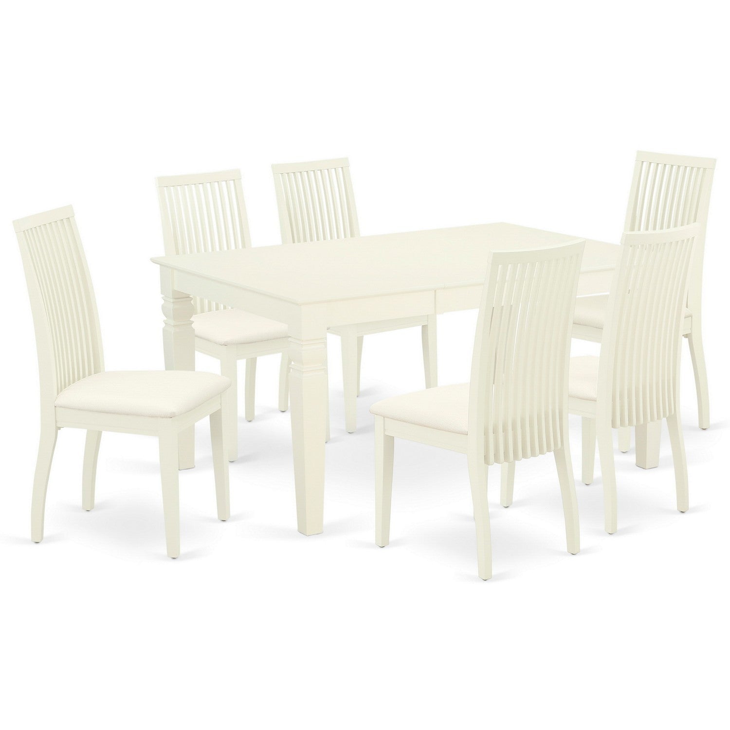 East West Furniture WEIP7-WHI-C 7 Pc Modern Dining Set Includes a linen white Modern Table and 6 linen white Linen Fabric Wooden Dining Chairs with Slatted Back - Wire Brushed linen white Finish