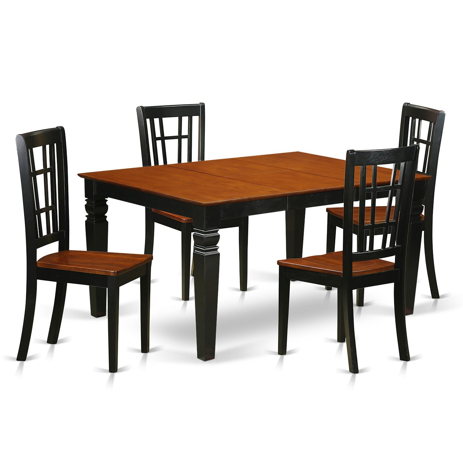 Juego de comedor de 5 piezas East West Furniture WENI5-BCH-W para 4 personas. Incluye una mesa de comedor rectangular con diseño de hojas de mariposa y 4 sillas de comedor.