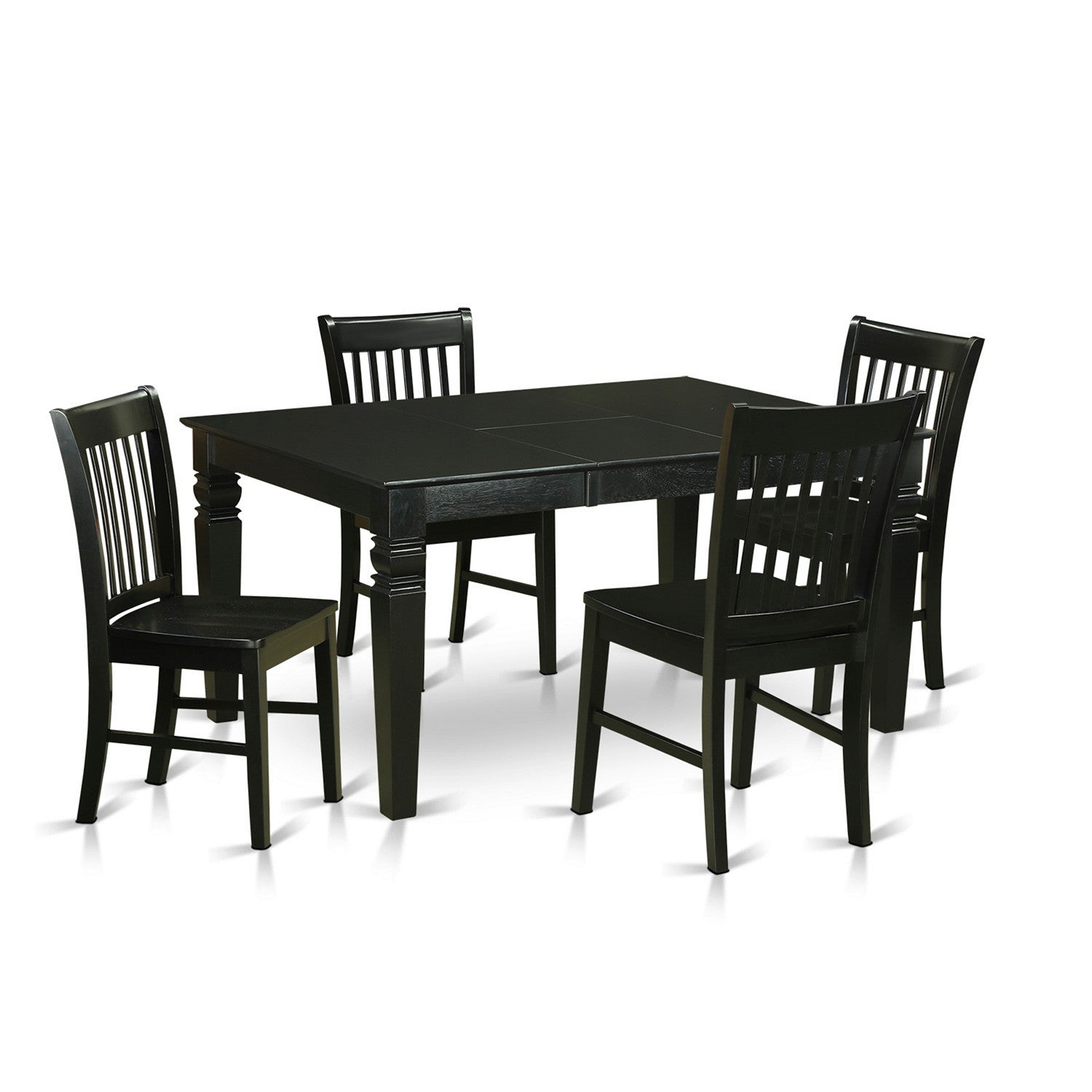 Juego de mesa de cocina de 5 piezas East West Furniture WENO5-BLK-W para 4 personas. Incluye una mesa de comedor rectangular con diseño de hojas de mariposa y 4 sillas con asiento de madera maciza.