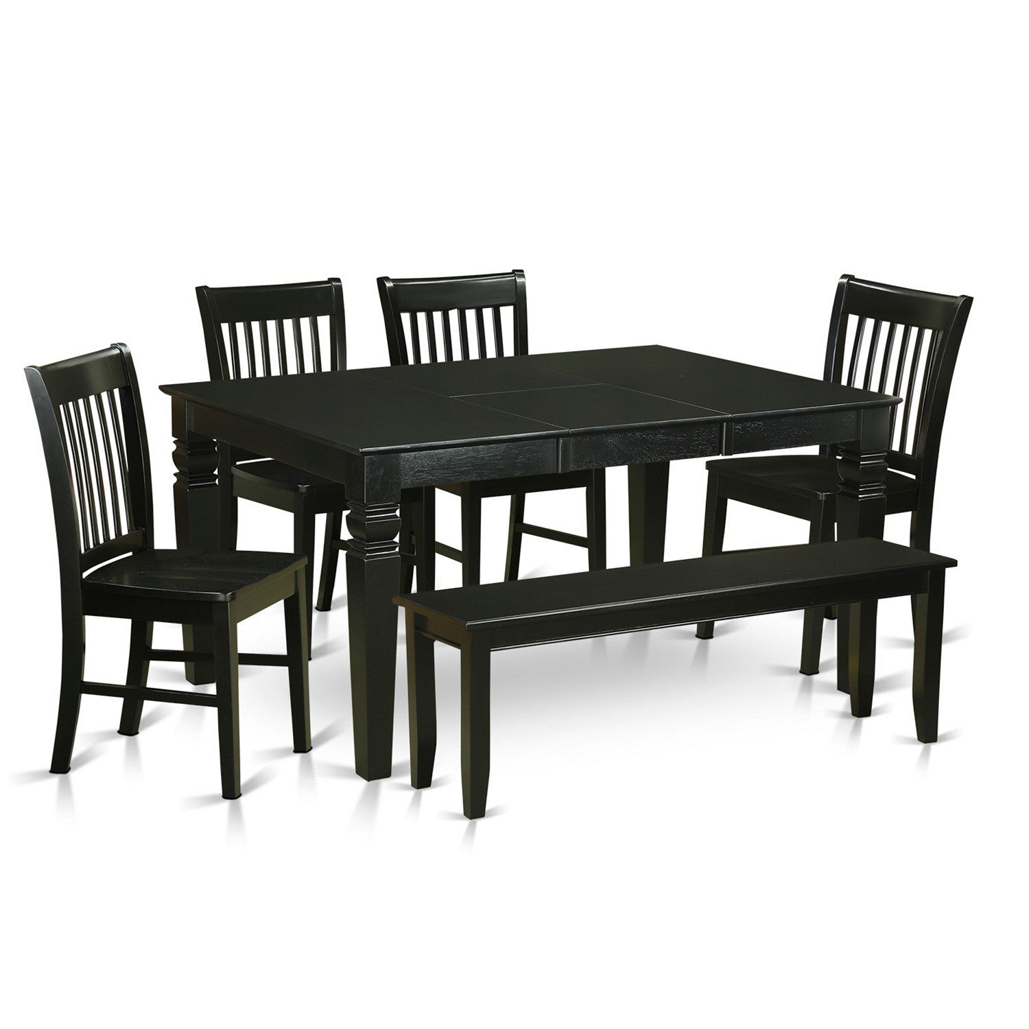 Juego de mesa y sillas de cocina de 6 piezas East West Furniture WENO6D-BLK-W. Contiene una mesa de comedor rectangular con hojas de mariposa y 4 sillas de comedor con un banco.
