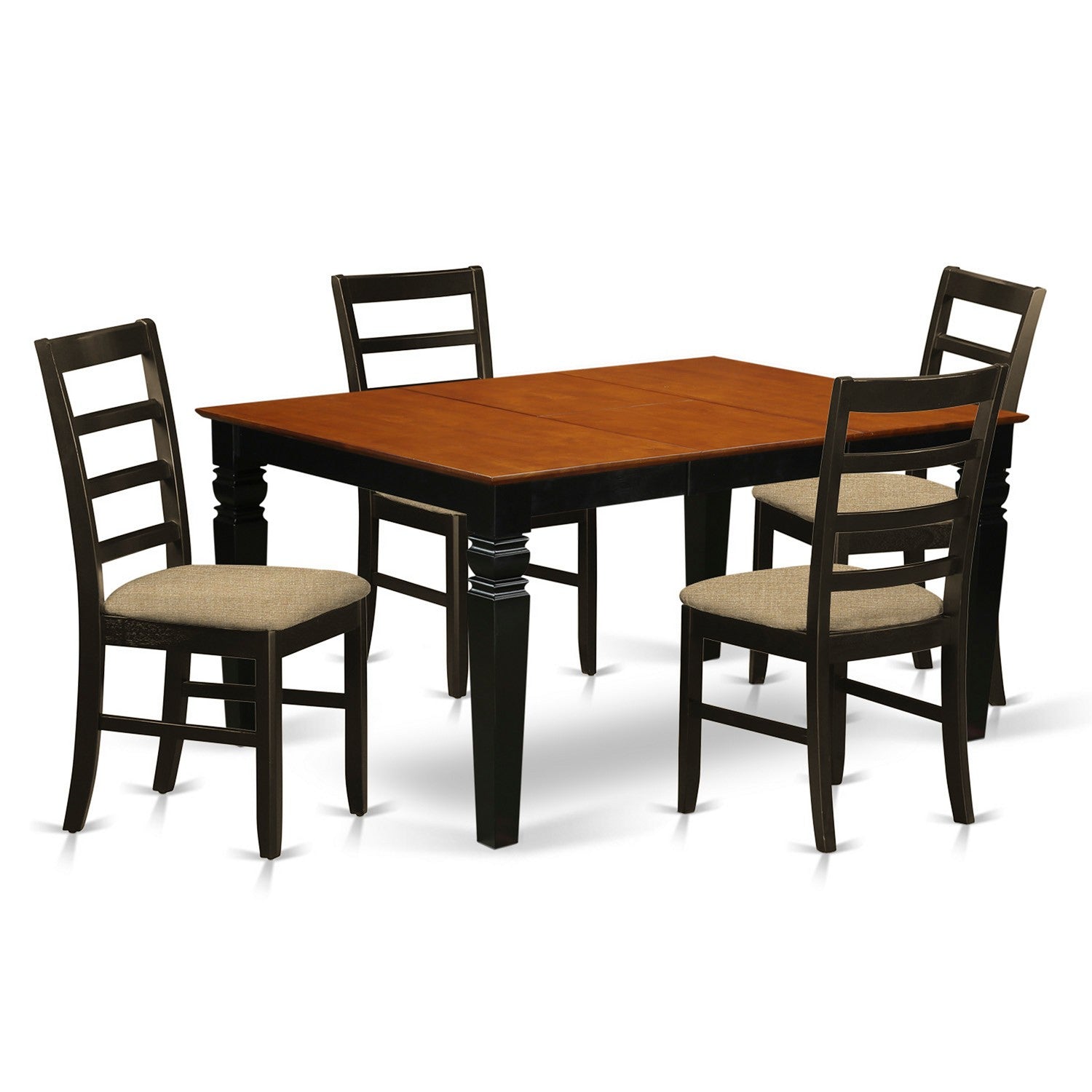 El juego de comedor de 5 piezas East West Furniture WEPF5-BCH-C incluye una mesa de comedor rectangular con hojas de mariposa y 4 sillas de cocina tapizadas en tela de lino.