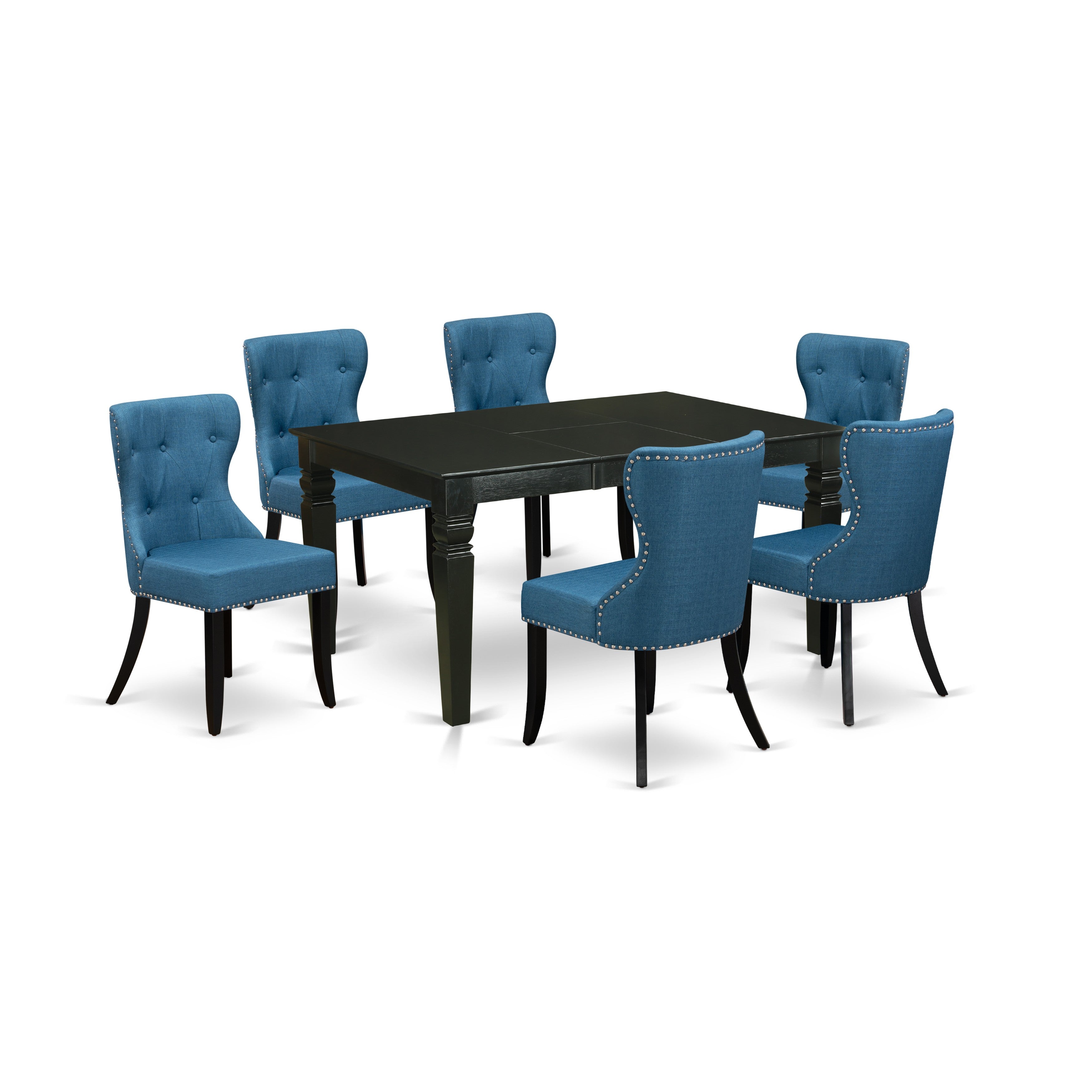 Juego de mesa de cocina de 7 piezas East West Furniture WESI7-BLK-21 compuesto por una mesa de comedor rectangular con diseño de hojas de mariposa y 6 sillas de comedor Parson de tela de lino azul.