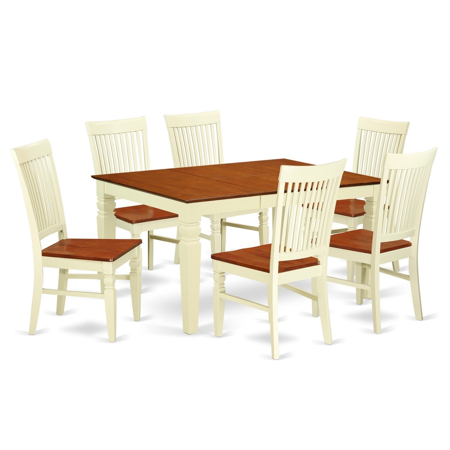 Juego de mesa de cocina de 7 piezas East West Furniture WEST7-BMK-W compuesto por una mesa de comedor rectangular con hojas de mariposa y 6 sillas de comedor.