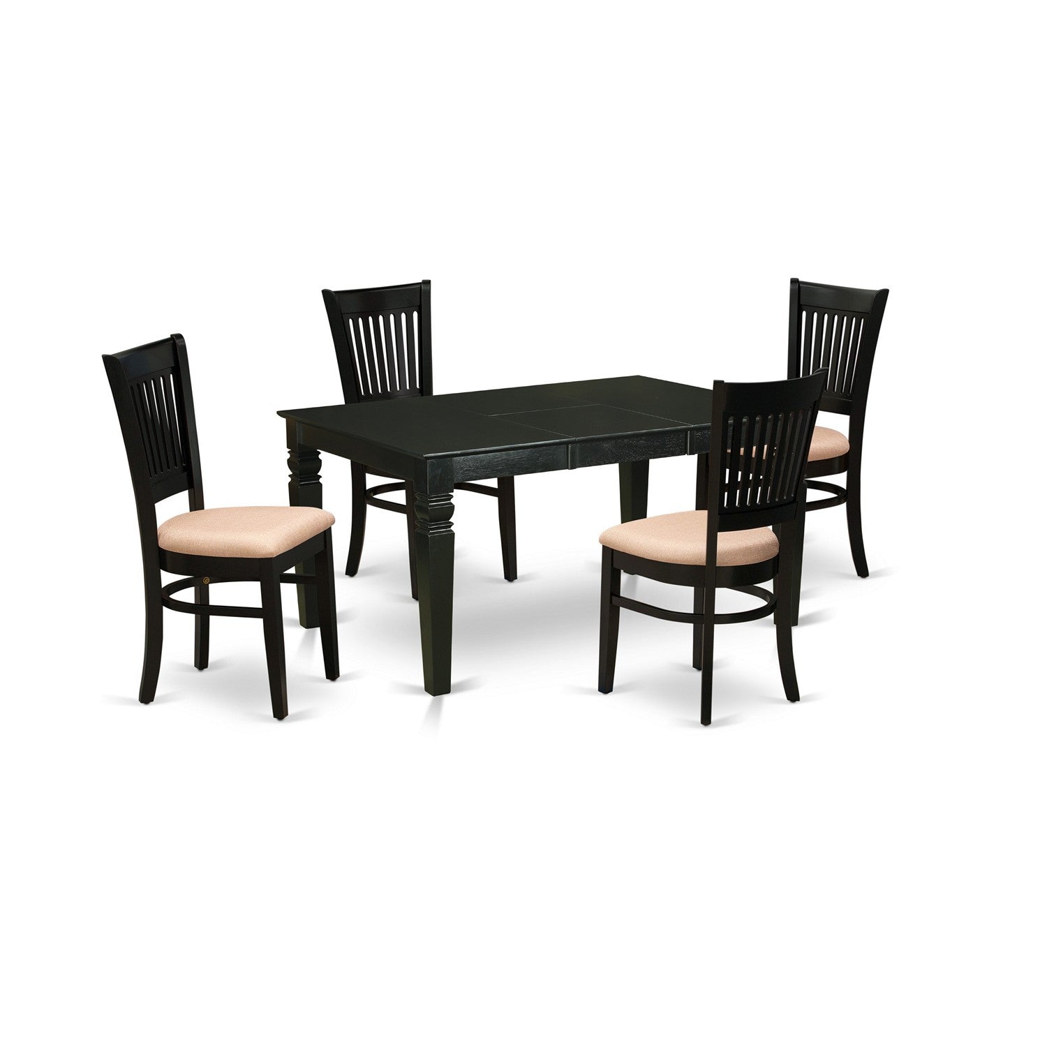 El juego de mesa de comedor moderno de 5 piezas East West Furniture WEVA5-BLK-C incluye una mesa rectangular de madera con diseño de hojas de mariposa y 4 sillas de comedor de tela de lino.