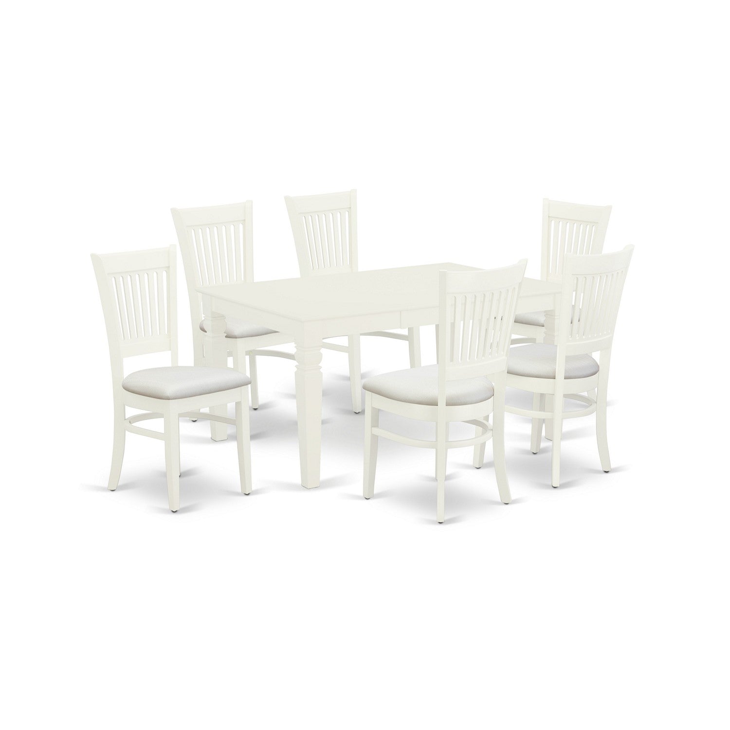 East West Furniture WEVA7-LWH-C 7-Pc Kitchen Set 6 Wood Dining Chair with Slatted Back and a Linen Fabric Seat and Table with Rectangular Top and 4 Legs- Linen White Finish