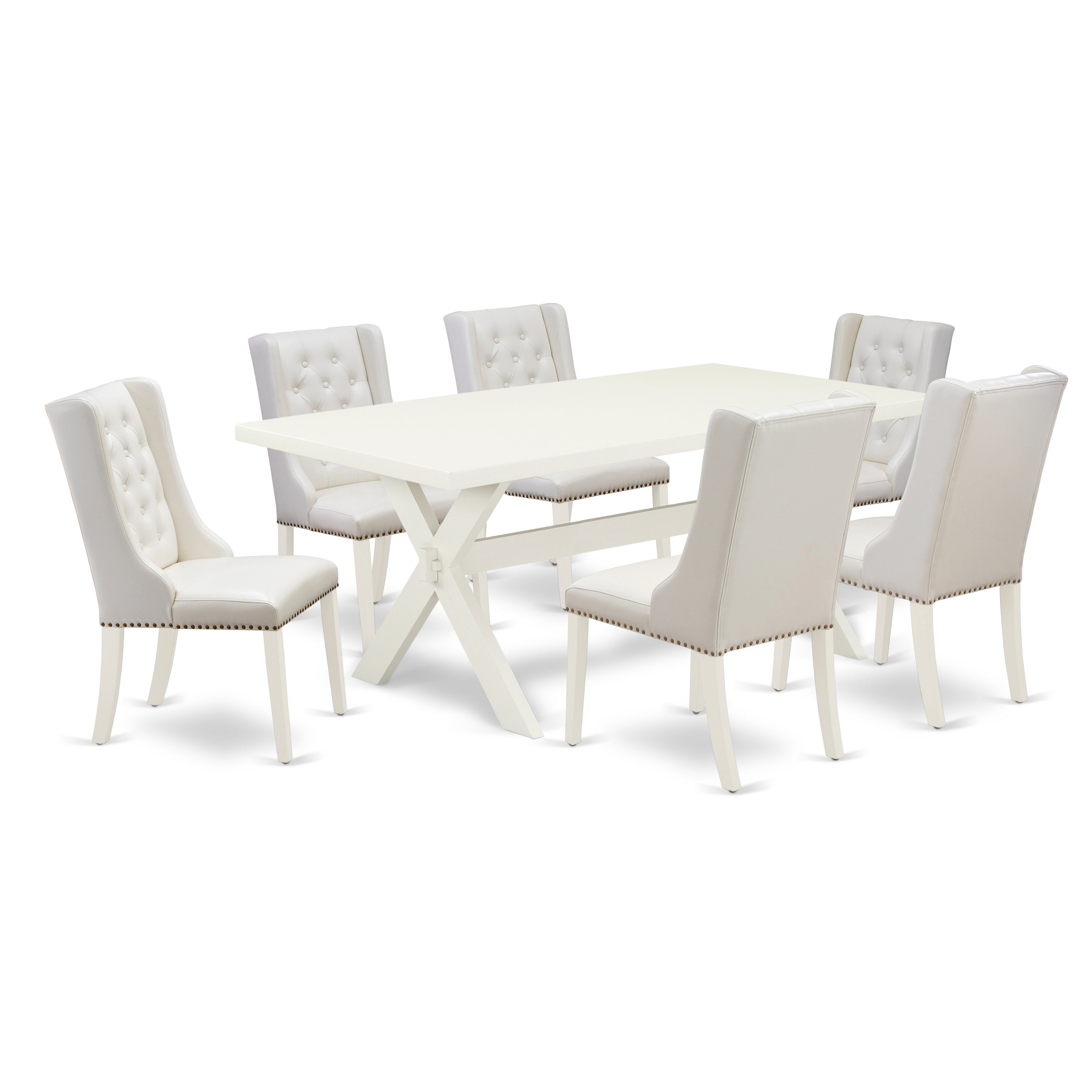 East West Furniture X027FO244-7 7-Piece Dining Room Set Contains 6 Linen white Pu faux Leather Dining Room Chairs Button Tufted with Nailheads and Dining Room Table - linen white Finish